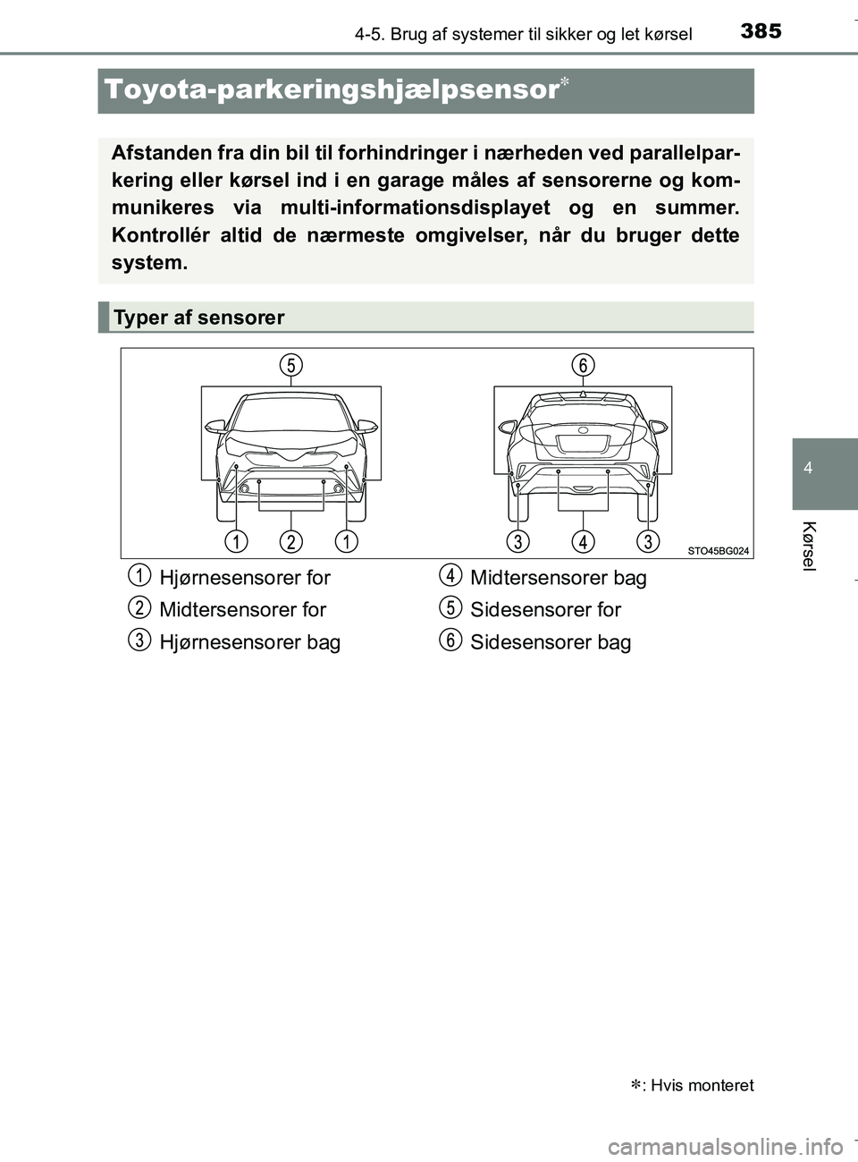 TOYOTA C-HR 2018  Brugsanvisning (in Danish) 385
4
4-5. Brug af systemer til sikker og let kørsel
Kørsel
C-HR_HV_OM_Europe_OM10576DK
Toyota-parkeringshjælpsensor
: Hvis monteret
Afstanden fra din bil ti l forhindringer i nærheden ved p