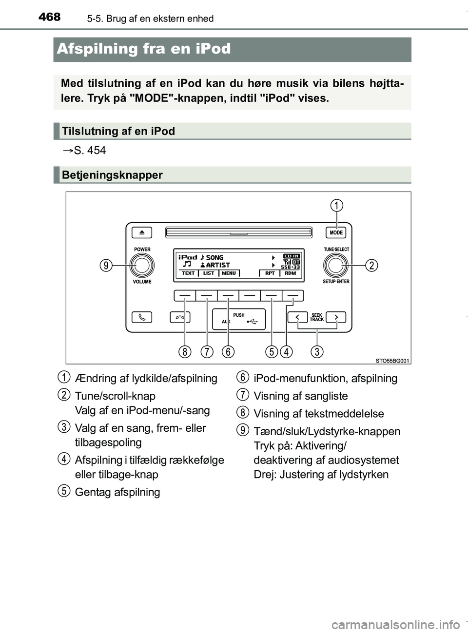 TOYOTA C-HR 2018 Brugsanvisning (in Danish) 4685-5. Brug af en ekstern enhed
C-HR_HV_OM_Europe_OM10576DK
Afspilning fra en iPod
S. 454
Med tilslutning af en iPod kan du høre musik via bilens højtta-
lere. Tryk på "MODE"-knappe n, indtil " TOYOTA C-HR 2018 Brugsanvisning (in Danish) 4685-5. Brug af en ekstern enhed
C-HR_HV_OM_Europe_OM10576DK
Afspilning fra en iPod
S. 454
Med tilslutning af en iPod kan du høre musik via bilens højtta-
lere. Tryk på "MODE"-knappe n, indtil "