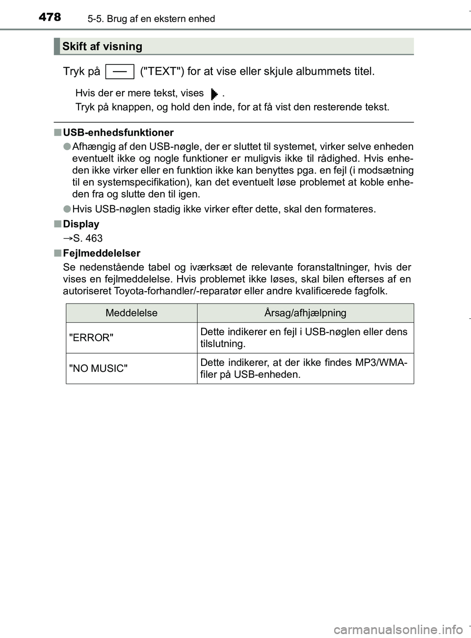TOYOTA C-HR 2018 Brugsanvisning (in Danish) 4785-5. Brug af en ekstern enhed
C-HR_HV_OM_Europe_OM10576DK
Tryk på ("TEXT") for at vise eller skjule albummets titel.
Hvis der er mere tekst, vises .
Tryk på knappen, og hold den inde, for at f TOYOTA C-HR 2018 Brugsanvisning (in Danish) 4785-5. Brug af en ekstern enhed
C-HR_HV_OM_Europe_OM10576DK
Tryk på ("TEXT") for at vise eller skjule albummets titel.
Hvis der er mere tekst, vises .
Tryk på knappen, og hold den inde, for at f