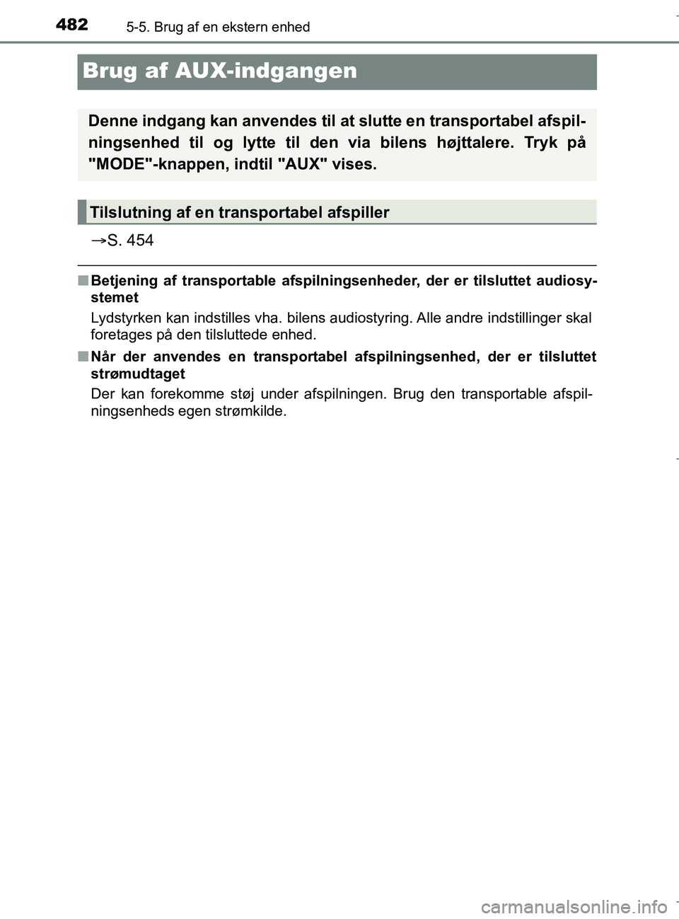 TOYOTA C-HR 2018 Brugsanvisning (in Danish) 4825-5. Brug af en ekstern enhed
C-HR_HV_OM_Europe_OM10576DK
Brug af AUX-indgangen
S. 454
nBetjening af transportable afspilningsenheder, der er tilsluttet audiosy-
stemet
Lydstyrken kan indstilles TOYOTA C-HR 2018 Brugsanvisning (in Danish) 4825-5. Brug af en ekstern enhed
C-HR_HV_OM_Europe_OM10576DK
Brug af AUX-indgangen
S. 454
nBetjening af transportable afspilningsenheder, der er tilsluttet audiosy-
stemet
Lydstyrken kan indstilles