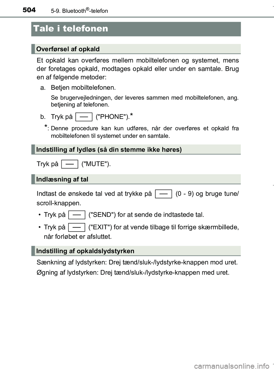 TOYOTA C-HR 2018 Brugsanvisning (in Danish) 5045-9. Bluetooth®-telefon
C-HR_HV_OM_Europe_OM10576DK
Tale i telefonen
Et opkald kan overføres mellem mobiltelefonen og systemet, mens
der foretages opkald, modtages opkald eller under en samtale. TOYOTA C-HR 2018 Brugsanvisning (in Danish) 5045-9. Bluetooth®-telefon
C-HR_HV_OM_Europe_OM10576DK
Tale i telefonen
Et opkald kan overføres mellem mobiltelefonen og systemet, mens
der foretages opkald, modtages opkald eller under en samtale.