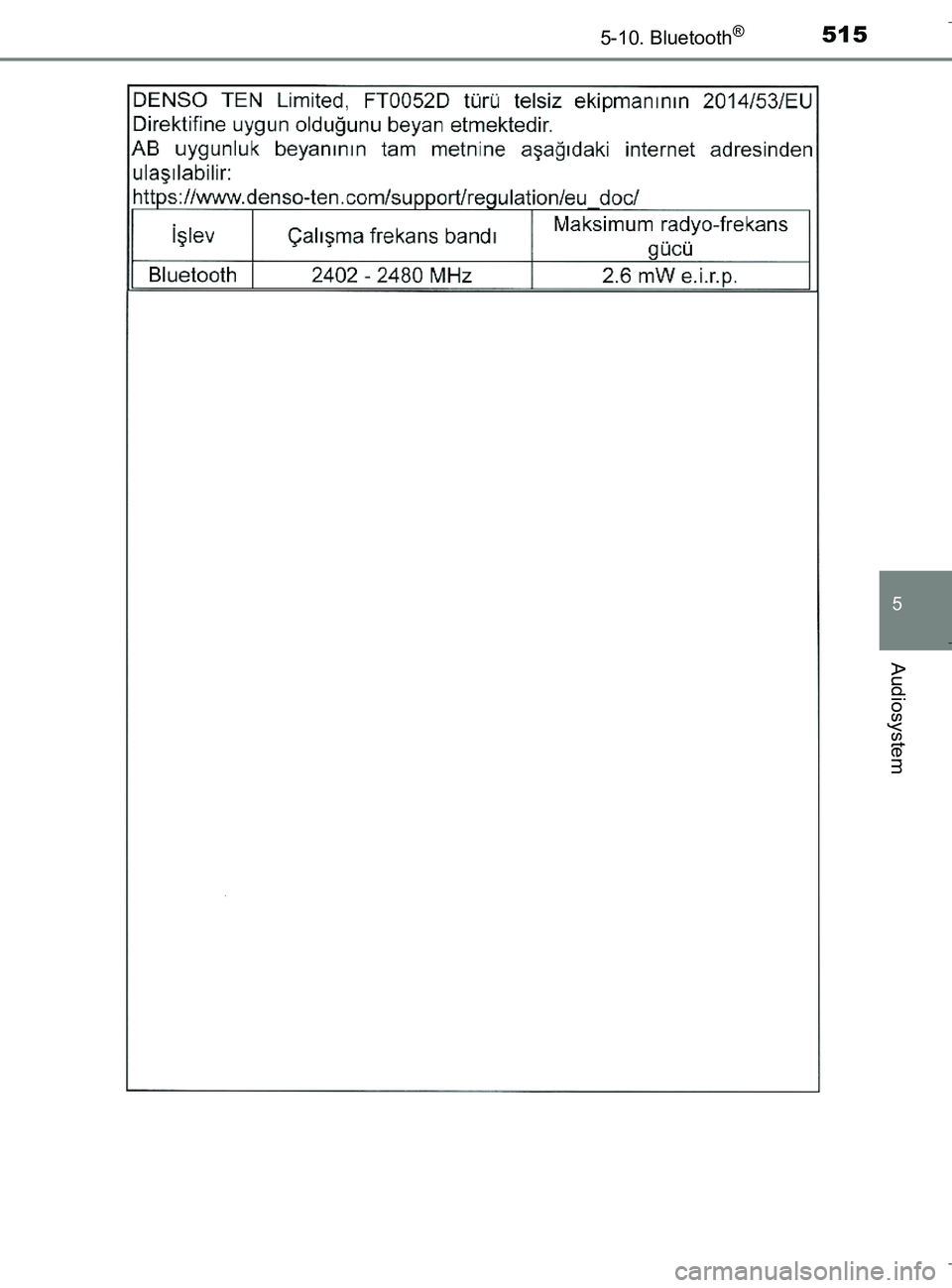 TOYOTA C-HR 2018  Brugsanvisning (in Danish) 5155-10. Bluetooth®
5
Audiosystem
C-HR_HV_OM_Europe_OM10576DK
OM10576DK.book  Page 515  Wednesday, April 18, 2018  10:33 AM 