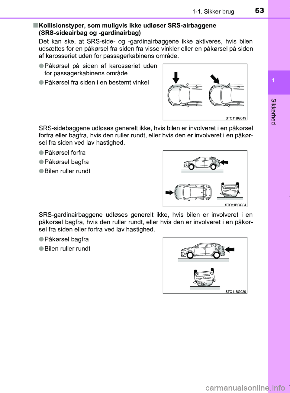 TOYOTA C-HR 2018  Brugsanvisning (in Danish) 531-1. Sikker brug
1
Sikkerhed
C-HR_HV_OM_Europe_OM10576DKn
Kollisionstyper, som muligvis ikke udløser SRS-airbaggene 
(SRS-sideairbag og -gardinairbag)
Det kan ske, at SRS-side- og -gardinairbaggene