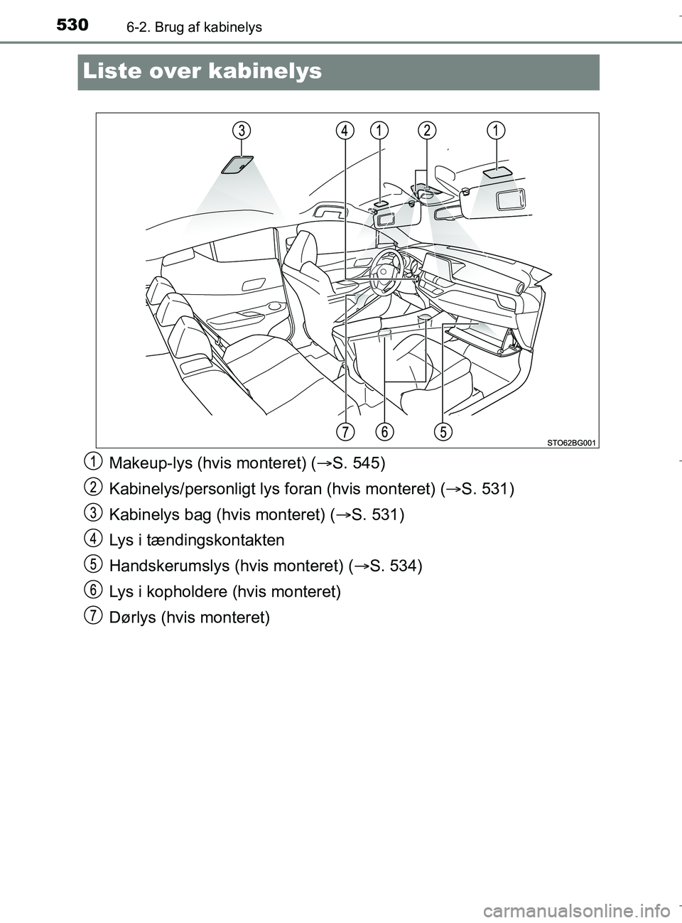 TOYOTA C-HR 2018 Brugsanvisning (in Danish) 5306-2. Brug af kabinelys
C-HR_HV_OM_Europe_OM10576DK
Liste over kabinelys
Makeup-lys (hvis monteret) (S. 545)
Kabinelys/personligt lys foran (hvis monteret) ( S. 531)
Kabinelys bag (hvis monter TOYOTA C-HR 2018 Brugsanvisning (in Danish) 5306-2. Brug af kabinelys
C-HR_HV_OM_Europe_OM10576DK
Liste over kabinelys
Makeup-lys (hvis monteret) (S. 545)
Kabinelys/personligt lys foran (hvis monteret) ( S. 531)
Kabinelys bag (hvis monter
