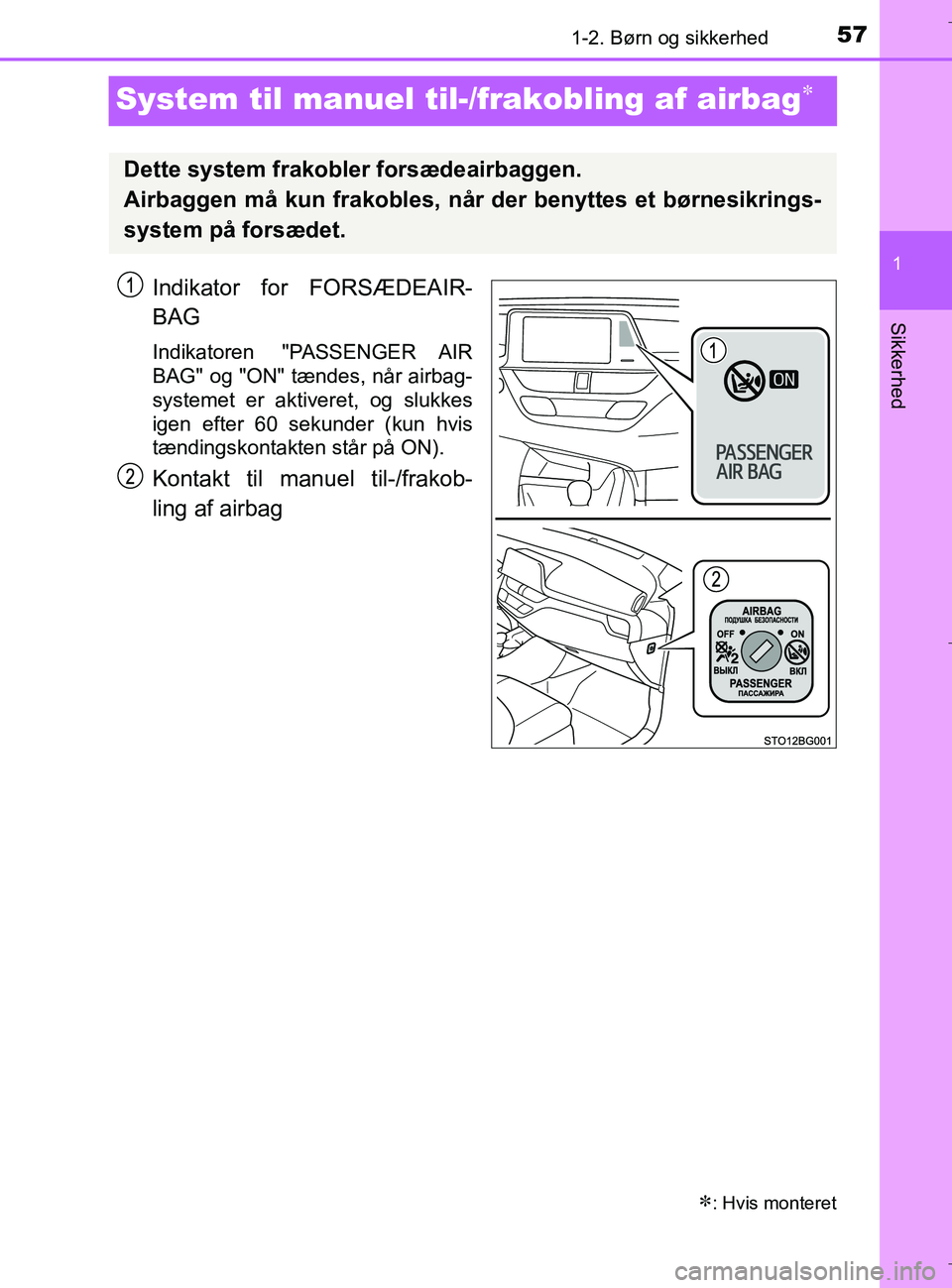 TOYOTA C-HR 2018  Brugsanvisning (in Danish) 571-2. Børn og sikkerhed
1
Sikkerhed
C-HR_HV_OM_Europe_OM10576DK
System til manuel til-/frakobling af airbag
Indikator for FORSÆDEAIR-
BAG
Indikatoren  "PASSENGER AIR
BAG" og "ON" tændes, når a