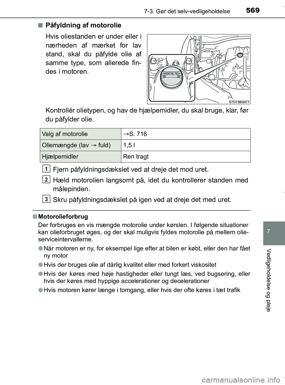 TOYOTA C-HR 2018 Brugsanvisning (in Danish) 5697-3. Gør det selv-vedligeholdelse
C-HR_HV_OM_Europe_OM10576DK
7
Vedligeholdelse og pleje
nPÃ¥fyldning af motorolie
Hvis oliestanden er under eller i
nærheden af mærket for lav
stand, skal du på TOYOTA C-HR 2018 Brugsanvisning (in Danish) 5697-3. Gør det selv-vedligeholdelse
C-HR_HV_OM_Europe_OM10576DK
7
Vedligeholdelse og pleje
nPÃ¥fyldning af motorolie
Hvis oliestanden er under eller i
nærheden af mærket for lav
stand, skal du på