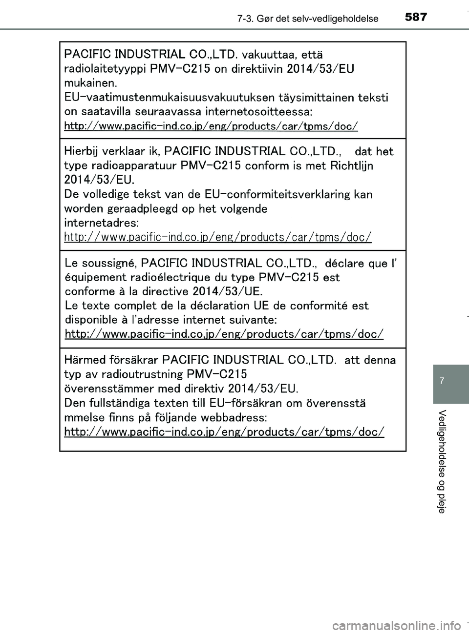 TOYOTA C-HR 2018 Brugsanvisning (in Danish) 5877-3. Gør det selv-vedligeholdelse
C-HR_HV_OM_Europe_OM10576DK
7
Vedligeholdelse og pleje
OM10576DK.book Page 587 Wednesday, April 18, 2018 10:33 AM TOYOTA C-HR 2018 Brugsanvisning (in Danish) 5877-3. Gør det selv-vedligeholdelse
C-HR_HV_OM_Europe_OM10576DK
7
Vedligeholdelse og pleje
OM10576DK.book Page 587 Wednesday, April 18, 2018 10:33 AM