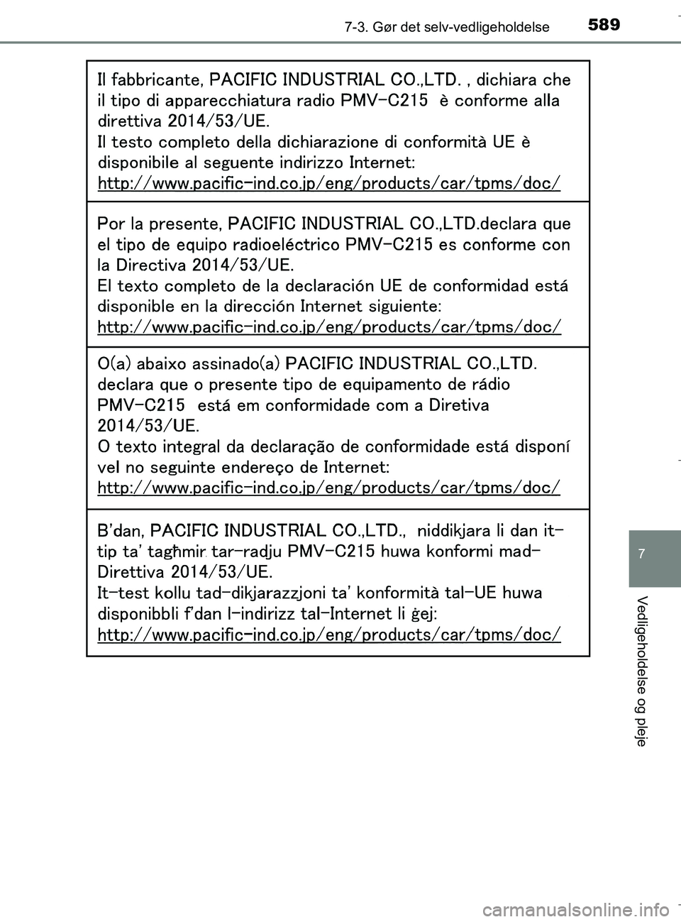 TOYOTA C-HR 2018 Brugsanvisning (in Danish) 5897-3. Gør det selv-vedligeholdelse
C-HR_HV_OM_Europe_OM10576DK
7
Vedligeholdelse og pleje
OM10576DK.book Page 589 Wednesday, April 18, 2018 10:33 AM TOYOTA C-HR 2018 Brugsanvisning (in Danish) 5897-3. Gør det selv-vedligeholdelse
C-HR_HV_OM_Europe_OM10576DK
7
Vedligeholdelse og pleje
OM10576DK.book Page 589 Wednesday, April 18, 2018 10:33 AM