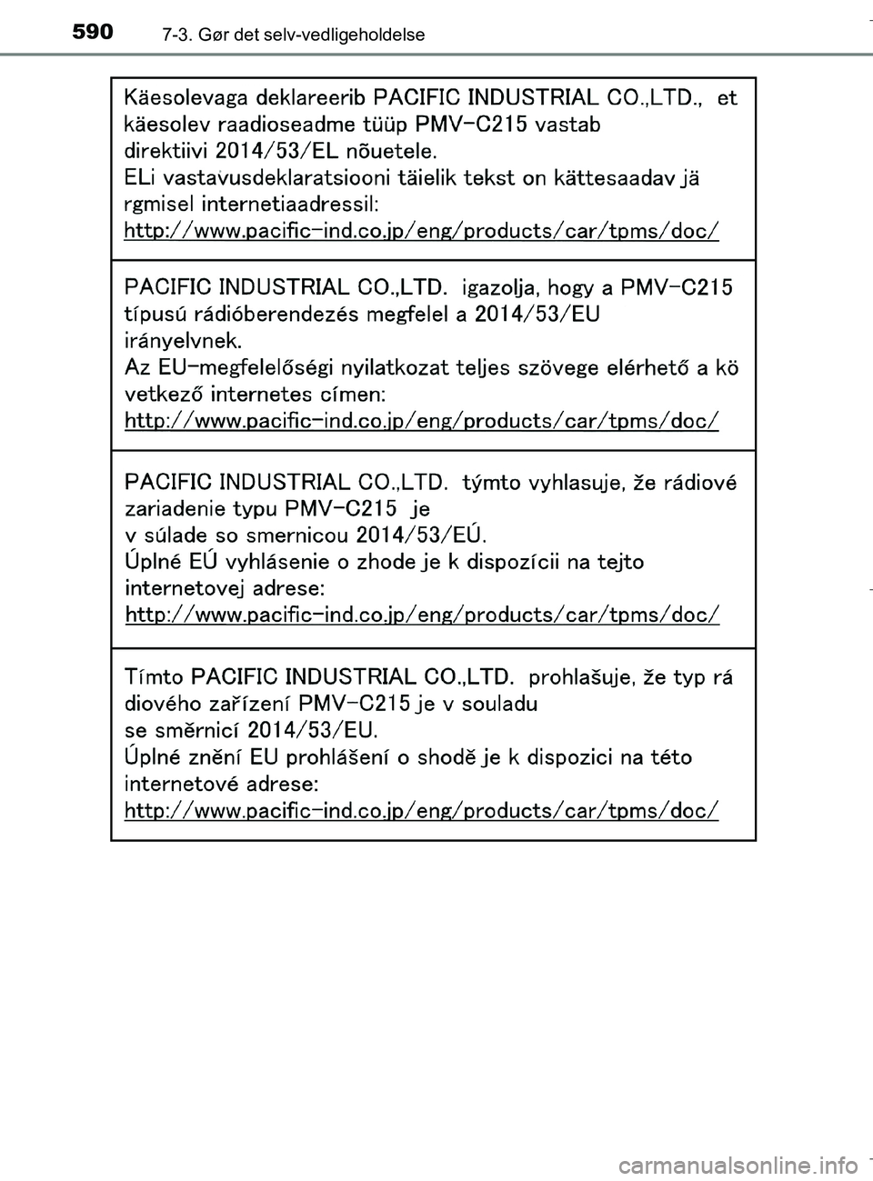 TOYOTA C-HR 2018 Brugsanvisning (in Danish) 5907-3. Gør det selv-vedligeholdelse
C-HR_HV_OM_Europe_OM10576DK
OM10576DK.book Page 590 Wednesday, April 18, 2018 10:33 AM TOYOTA C-HR 2018 Brugsanvisning (in Danish) 5907-3. Gør det selv-vedligeholdelse
C-HR_HV_OM_Europe_OM10576DK
OM10576DK.book Page 590 Wednesday, April 18, 2018 10:33 AM