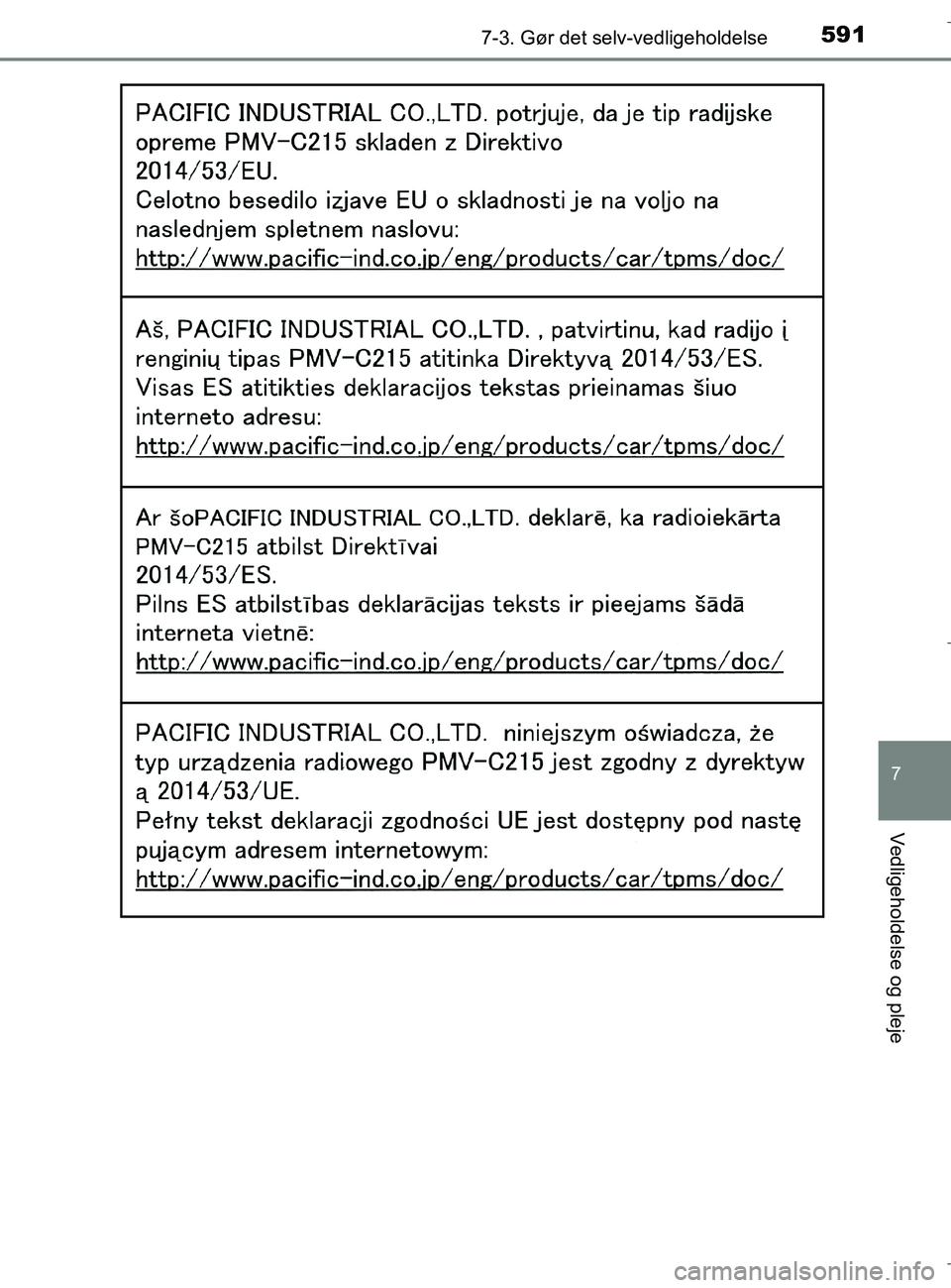 TOYOTA C-HR 2018 Brugsanvisning (in Danish) 5917-3. Gør det selv-vedligeholdelse
C-HR_HV_OM_Europe_OM10576DK
7
Vedligeholdelse og pleje
OM10576DK.book Page 591 Wednesday, April 18, 2018 10:33 AM TOYOTA C-HR 2018 Brugsanvisning (in Danish) 5917-3. Gør det selv-vedligeholdelse
C-HR_HV_OM_Europe_OM10576DK
7
Vedligeholdelse og pleje
OM10576DK.book Page 591 Wednesday, April 18, 2018 10:33 AM