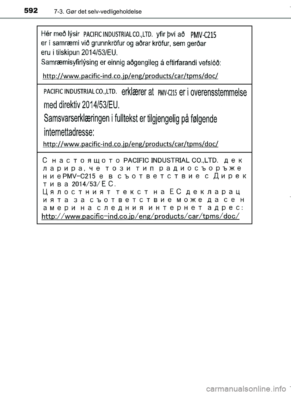 TOYOTA C-HR 2018 Brugsanvisning (in Danish) 5927-3. Gør det selv-vedligeholdelse
C-HR_HV_OM_Europe_OM10576DK
OM10576DK.book Page 592 Wednesday, April 18, 2018 10:33 AM TOYOTA C-HR 2018 Brugsanvisning (in Danish) 5927-3. Gør det selv-vedligeholdelse
C-HR_HV_OM_Europe_OM10576DK
OM10576DK.book Page 592 Wednesday, April 18, 2018 10:33 AM