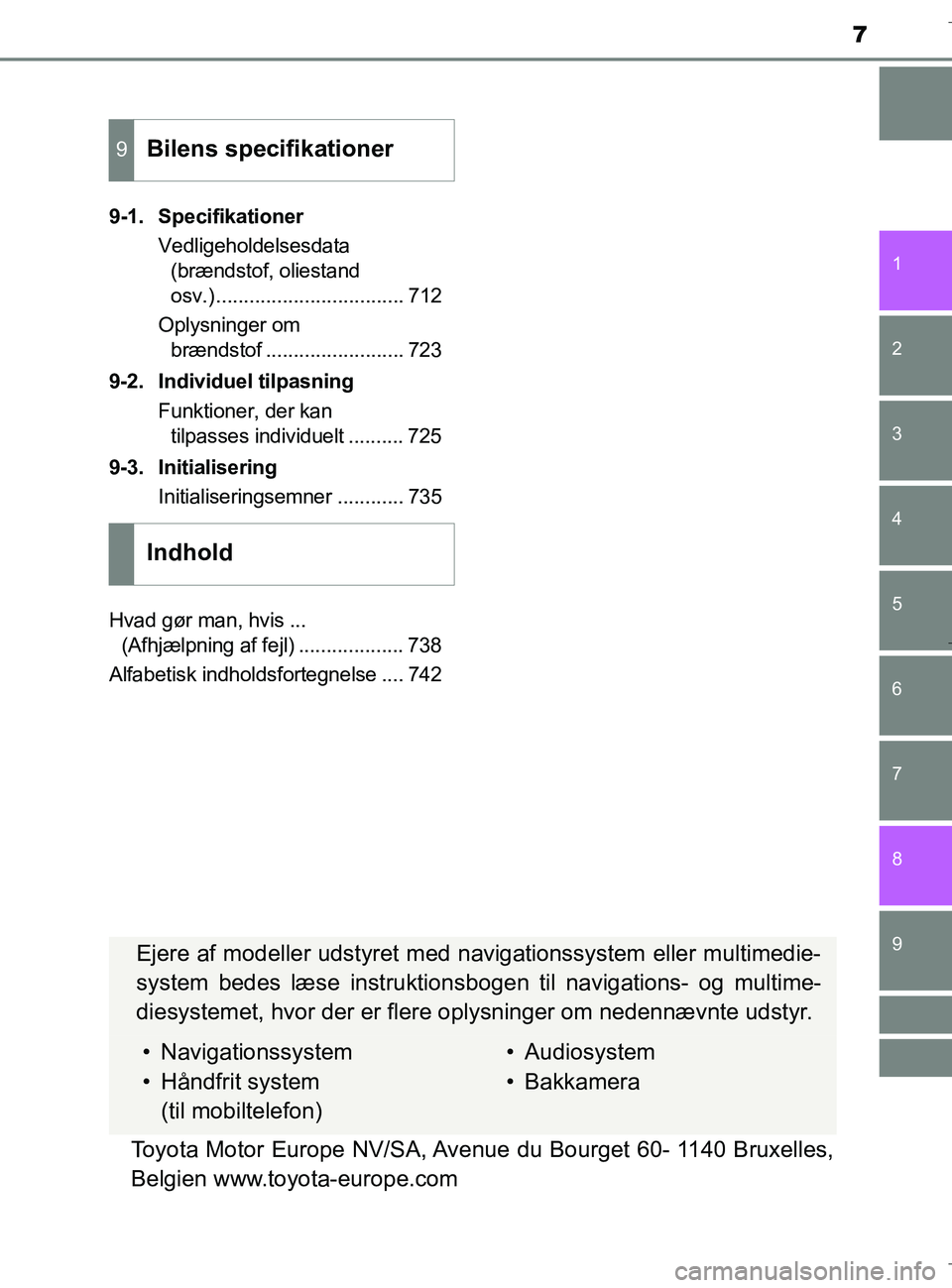 TOYOTA C-HR 2018  Brugsanvisning (in Danish) 7
1
6 5
4
3
2
C-HR_HV_OM_Europe_OM10576DK
9
8
7
9-1. SpecifikationerVedligeholdelsesdata (brændstof, oliestand 
osv.) .................................. 712
Oplysninger om  brændstof ...............