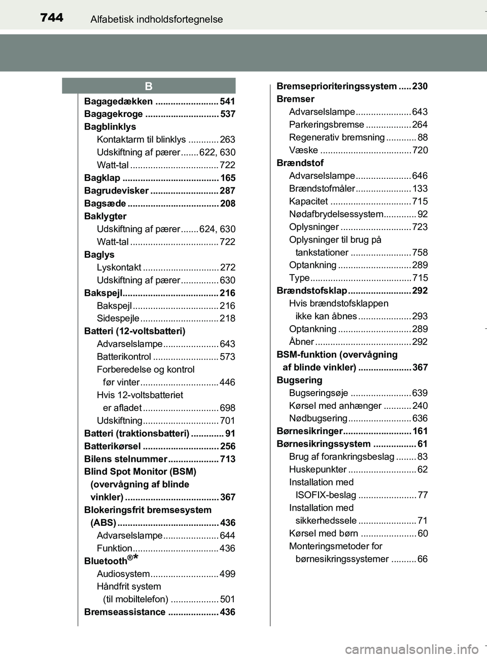 TOYOTA C-HR 2018  Brugsanvisning (in Danish) 744Alfabetisk indholdsfortegnelse
C-HR_HV_OM_Europe_OM10576DK
Bagagedækken ......................... 541
Bagagekroge ............................. 537
BagblinklysKontaktarm til blinklys ............ 
