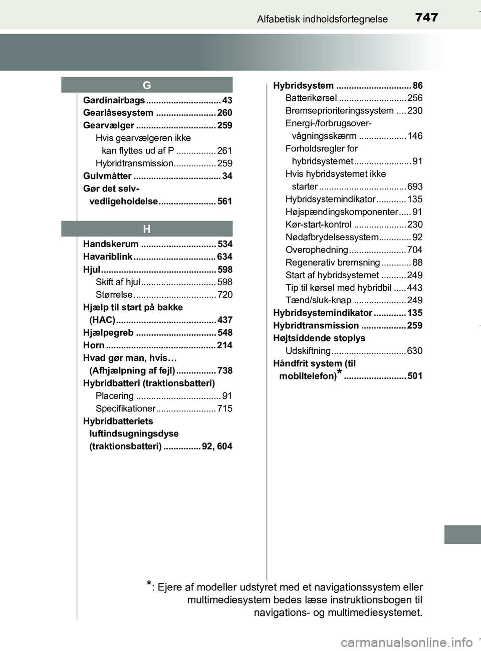 TOYOTA C-HR 2018  Brugsanvisning (in Danish) 747Alfabetisk indholdsfortegnelse
C-HR_HV_OM_Europe_OM10576DK
Gardinairbags .............................. 43
Gearlåsesystem ........................ 260
Gearvælger ................................ 