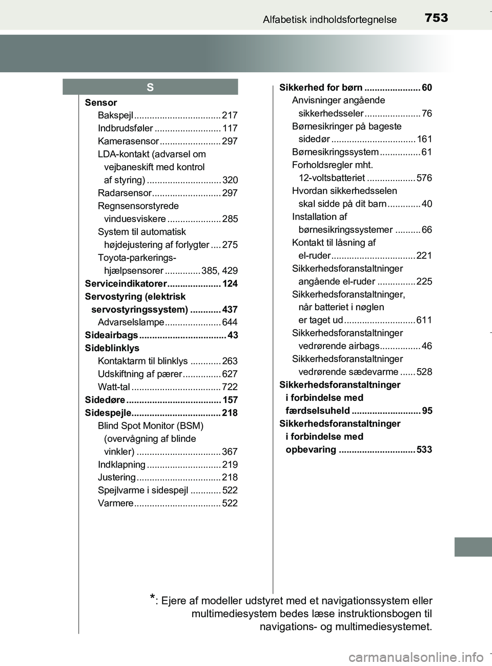 TOYOTA C-HR 2018 Brugsanvisning (in Danish) 753Alfabetisk indholdsfortegnelse
C-HR_HV_OM_Europe_OM10576DK
SensorBakspejl .................................. 217
Indbrudsføler .......................... 117
Kamerasensor ........................ TOYOTA C-HR 2018 Brugsanvisning (in Danish) 753Alfabetisk indholdsfortegnelse
C-HR_HV_OM_Europe_OM10576DK
SensorBakspejl .................................. 217
Indbrudsføler .......................... 117
Kamerasensor ........................