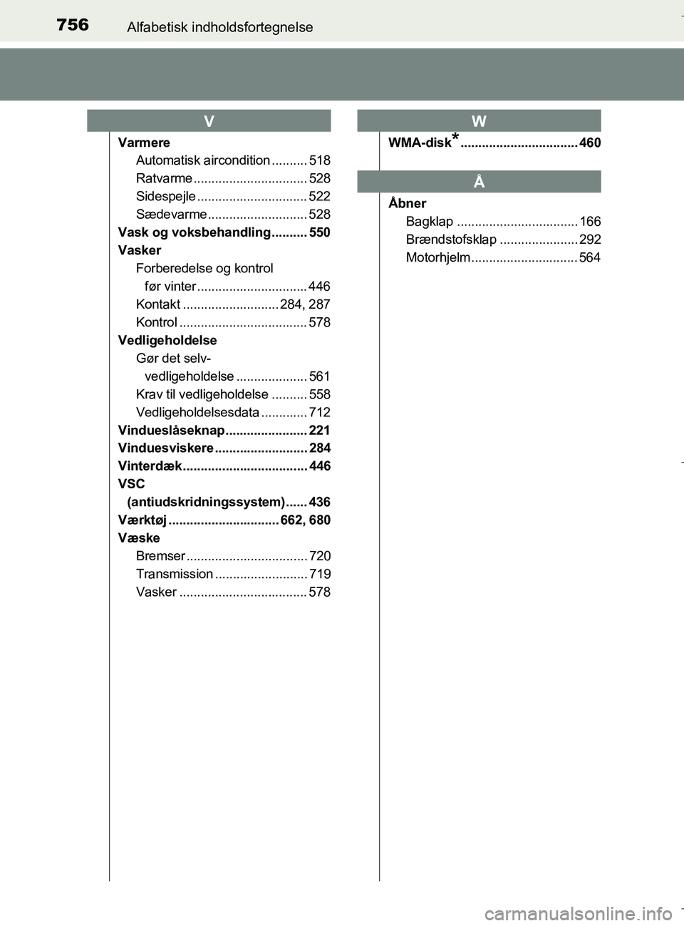 TOYOTA C-HR 2018  Brugsanvisning (in Danish) 756Alfabetisk indholdsfortegnelse
C-HR_HV_OM_Europe_OM10576DK
VarmereAutomatisk aircondition .......... 518
Ratvarme ................................ 528
Sidespejle ............................... 522
