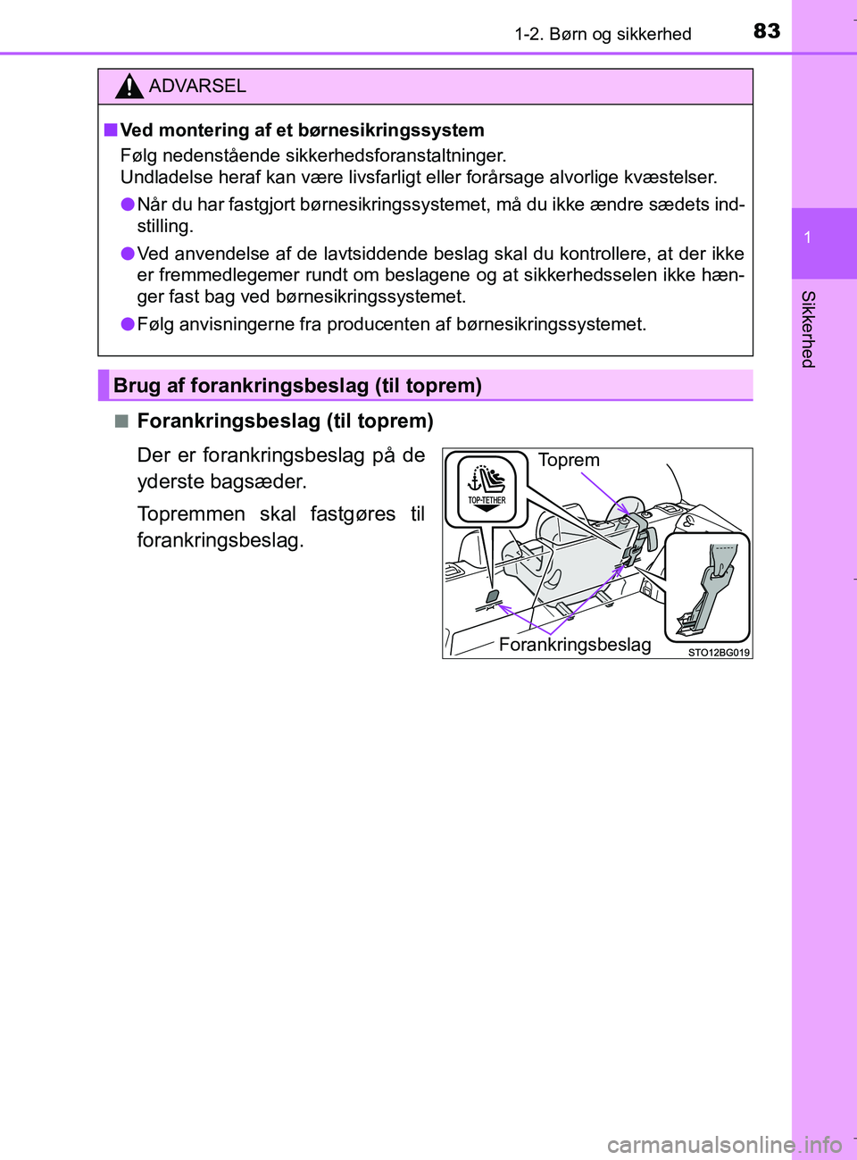 TOYOTA C-HR 2018 Brugsanvisning (in Danish) 831-2. Børn og sikkerhed
1
Sikkerhed
C-HR_HV_OM_Europe_OM10576DKn
Forankringsbeslag (til toprem)
Der er forankringsbeslag på de
yderste bagsæder.
Topremmen skal fastgøres til
forankringsbeslag.
AD TOYOTA C-HR 2018 Brugsanvisning (in Danish) 831-2. Børn og sikkerhed
1
Sikkerhed
C-HR_HV_OM_Europe_OM10576DKn
Forankringsbeslag (til toprem)
Der er forankringsbeslag på de
yderste bagsæder.
Topremmen skal fastgøres til
forankringsbeslag.
AD