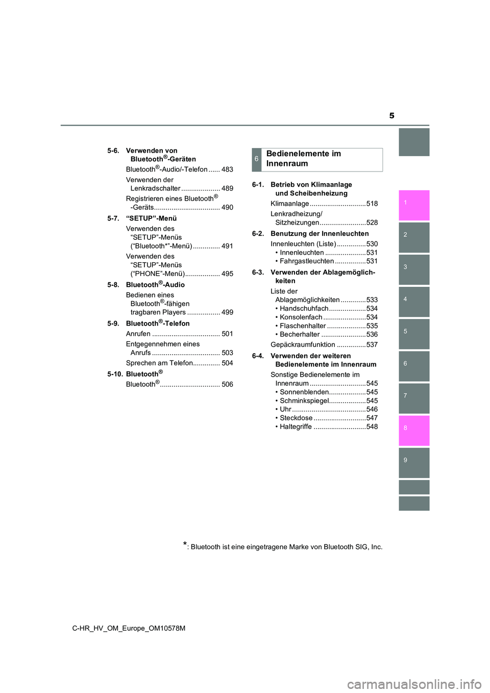 TOYOTA C-HR 2018  Betriebsanleitungen (in German) 5
1 
6 
5
4
3
2
C-HR_HV_OM_Europe_OM10578M
9
8
7
5-6. Verwenden von  
Bluetooth®-Geräten 
Bluetooth®-Audio/-Telefon ...... 483 
Verwenden der  
Lenkradschalter .................... 489 
Registriere