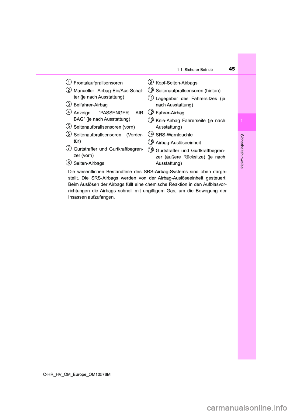 TOYOTA C-HR 2018 Betriebsanleitungen (in German) 451-1. Sicherer Betrieb
1
Sicherheitshinweise
C-HR_HV_OM_Europe_OM10578M
Die wesentlichen Bestandteile des SRS-Airbag-Systems sind oben darge-
stellt. Die SRS-Airbags werden v on der Airbag-Auslösee TOYOTA C-HR 2018 Betriebsanleitungen (in German) 451-1. Sicherer Betrieb
1
Sicherheitshinweise
C-HR_HV_OM_Europe_OM10578M
Die wesentlichen Bestandteile des SRS-Airbag-Systems sind oben darge-
stellt. Die SRS-Airbags werden v on der Airbag-Auslösee