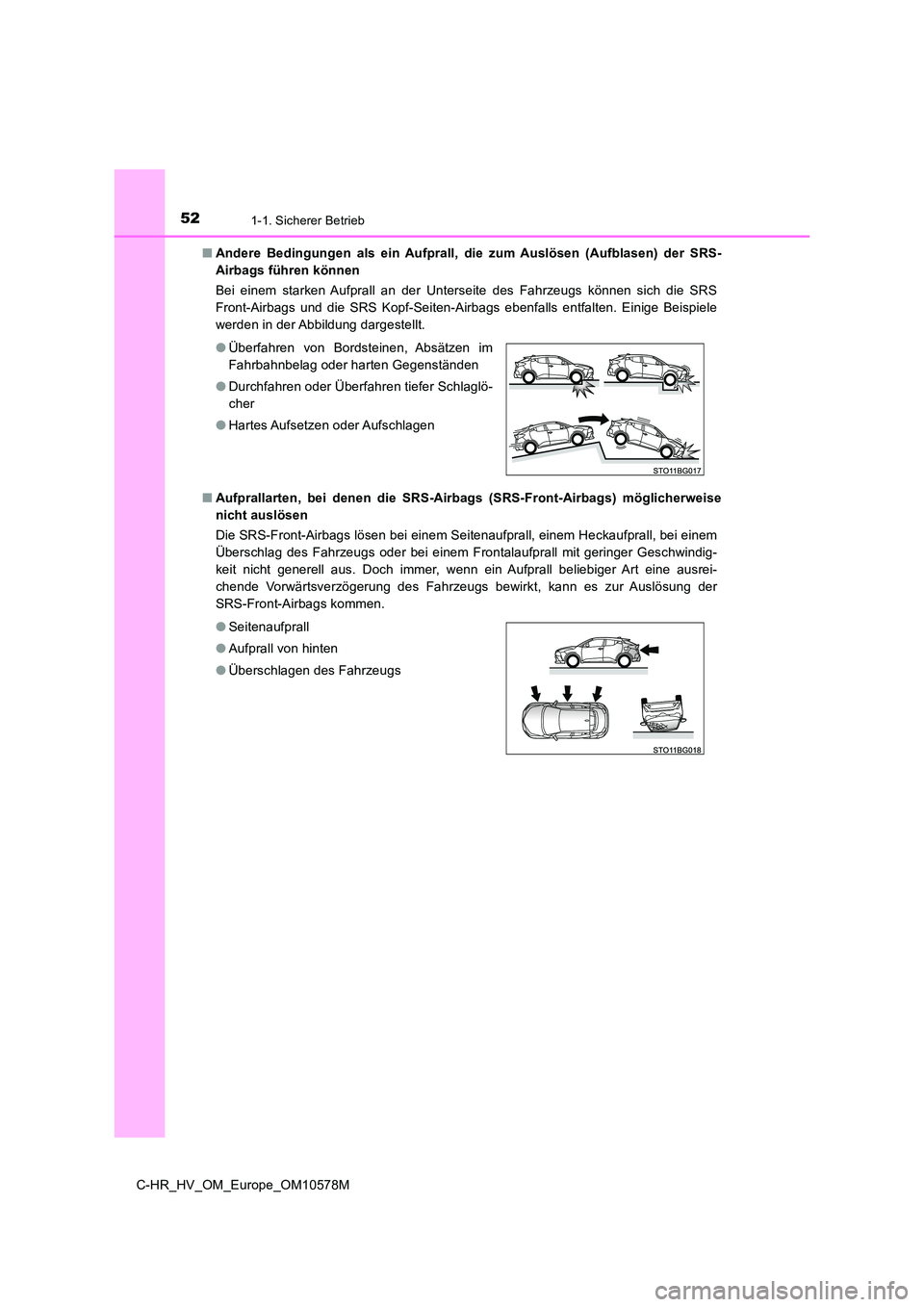 TOYOTA C-HR 2018  Betriebsanleitungen (in German) 521-1. Sicherer Betrieb
C-HR_HV_OM_Europe_OM10578M 
■ Andere Bedingungen als ein Aufprall, die zum Auslösen (Aufblasen) der SRS- 
Airbags führen können 
Bei einem starken Aufprall an der Untersei