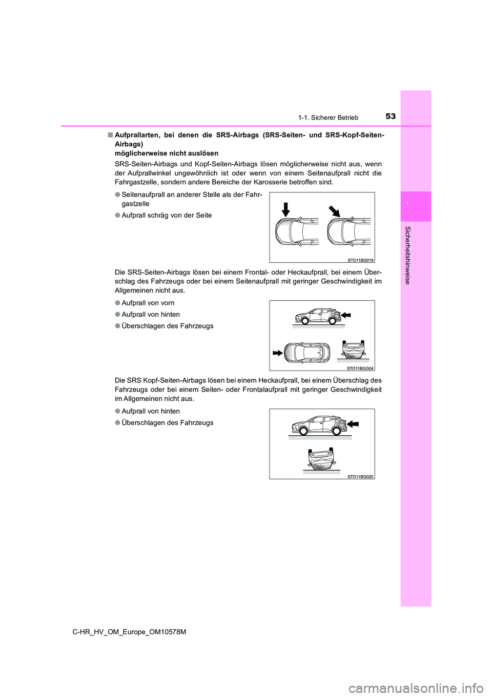 TOYOTA C-HR 2018  Betriebsanleitungen (in German) 531-1. Sicherer Betrieb
1
Sicherheitshinweise
C-HR_HV_OM_Europe_OM10578M 
■ Aufprallarten, bei denen die SRS-Airbags (SRS-Seiten- und SRS-Kopf-Seiten- 
Airbags) 
möglicherweise nicht auslösen 
SRS