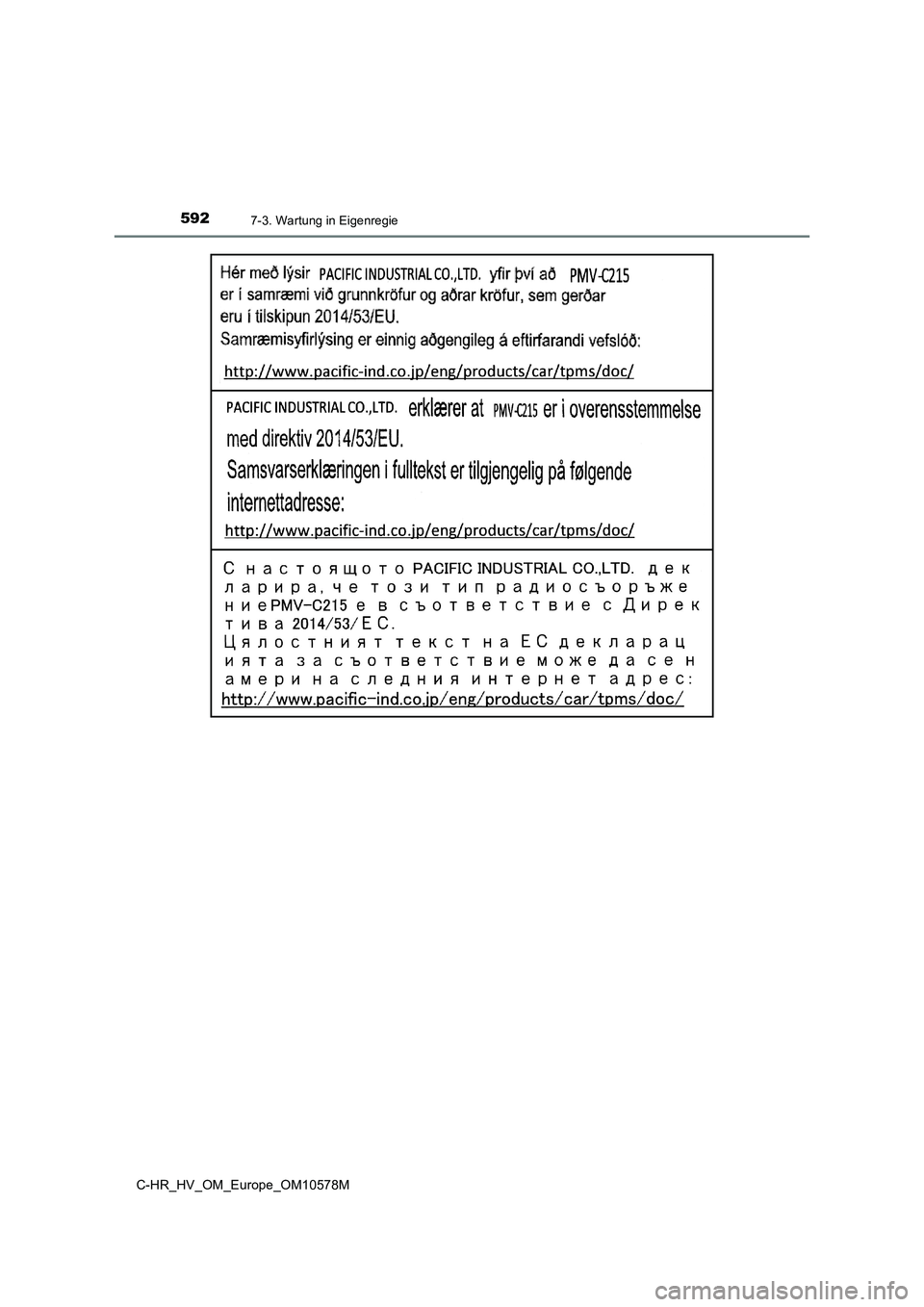 TOYOTA C-HR 2018 Betriebsanleitungen (in German) 5927-3. Wartung in Eigenregie
C-HR_HV_OM_Europe_OM10578M TOYOTA C-HR 2018 Betriebsanleitungen (in German) 5927-3. Wartung in Eigenregie
C-HR_HV_OM_Europe_OM10578M