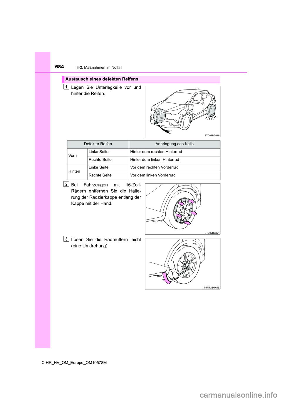 TOYOTA C-HR 2018 Betriebsanleitungen (in German) 6848-2. Maßnahmen im Notfall
C-HR_HV_OM_Europe_OM10578M
Legen Sie Unterlegkeile vor und
hinter die Reifen.
Bei Fahrzeugen mit 16-Zoll-
Rädern entfernen Sie die Halte-
rung der Radzierkappe entla TOYOTA C-HR 2018 Betriebsanleitungen (in German) 6848-2. Maßnahmen im Notfall
C-HR_HV_OM_Europe_OM10578M
Legen Sie Unterlegkeile vor und
hinter die Reifen.
Bei Fahrzeugen mit 16-Zoll-
Rädern entfernen Sie die Halte-
rung der Radzierkappe entla