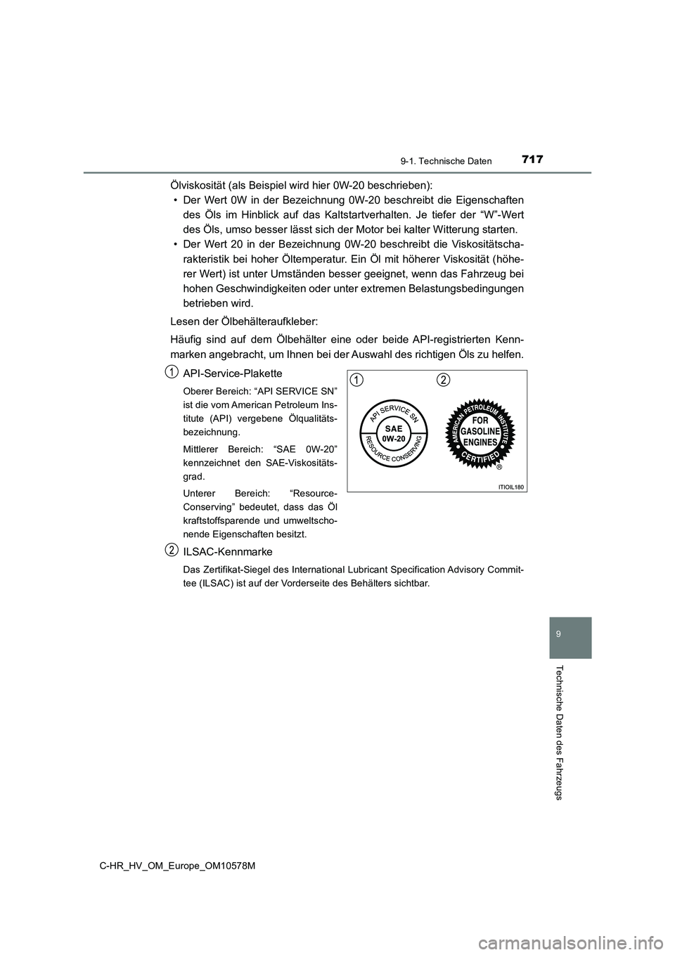TOYOTA C-HR 2018 Betriebsanleitungen (in German) 7179-1. Technische Daten
C-HR_HV_OM_Europe_OM10578M
9
Technische Daten des Fahrzeugs
Ölviskosität (als Beispiel wird hier 0W-20 beschrieben):
• Der Wert 0W in der Bezeichnung 0W-20 beschreibt die TOYOTA C-HR 2018 Betriebsanleitungen (in German) 7179-1. Technische Daten
C-HR_HV_OM_Europe_OM10578M
9
Technische Daten des Fahrzeugs
Ölviskosität (als Beispiel wird hier 0W-20 beschrieben):
• Der Wert 0W in der Bezeichnung 0W-20 beschreibt die