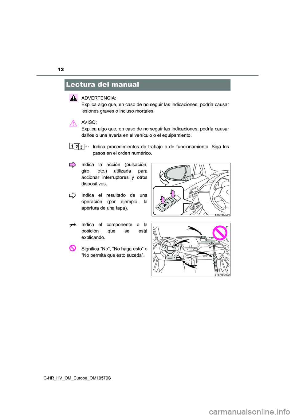 TOYOTA C-HR 2018 Manual del propietario (in Spanish) 12
C-HR_HV_OM_Europe_OM10579S
Lectura del manual
ADVERTENCIA:
Explica algo que, en caso de no seguir las indicaciones, podría causar
lesiones graves o incluso mortales.
AV I S O :
Explica algo TOYOTA C-HR 2018 Manual del propietario (in Spanish) 12
C-HR_HV_OM_Europe_OM10579S
Lectura del manual
ADVERTENCIA:
Explica algo que, en caso de no seguir las indicaciones, podría causar
lesiones graves o incluso mortales.
AV I S O :
Explica algo