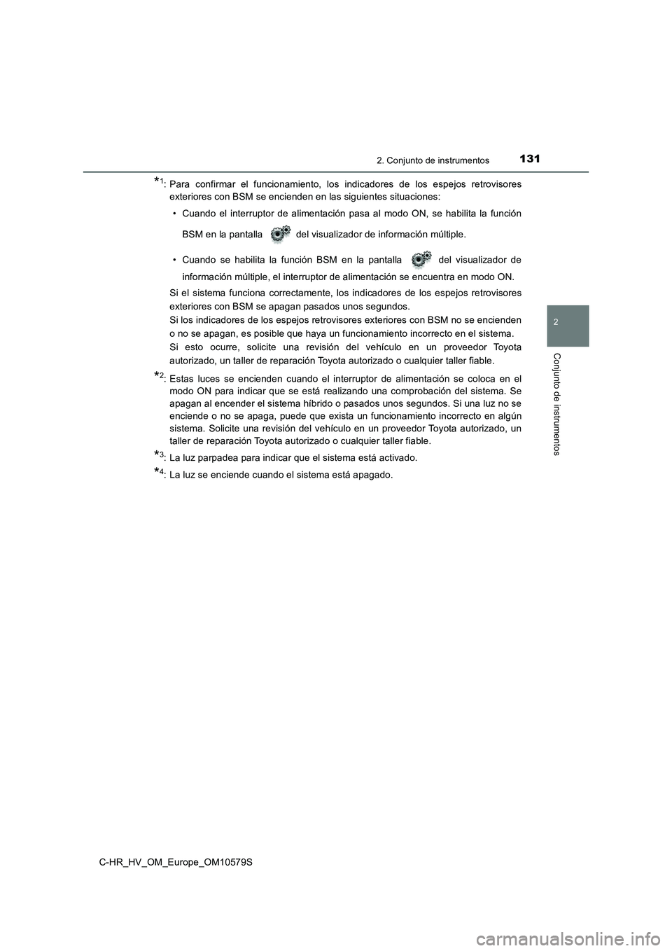 TOYOTA C-HR 2018  Manual del propietario (in Spanish) 1312. Conjunto de instrumentos
2
Conjunto de instrumentos
C-HR_HV_OM_Europe_OM10579S
*1: Para confirmar el funcionamiento, los indicadores de los espejos retrovisores 
exteriores con BSM se encienden 