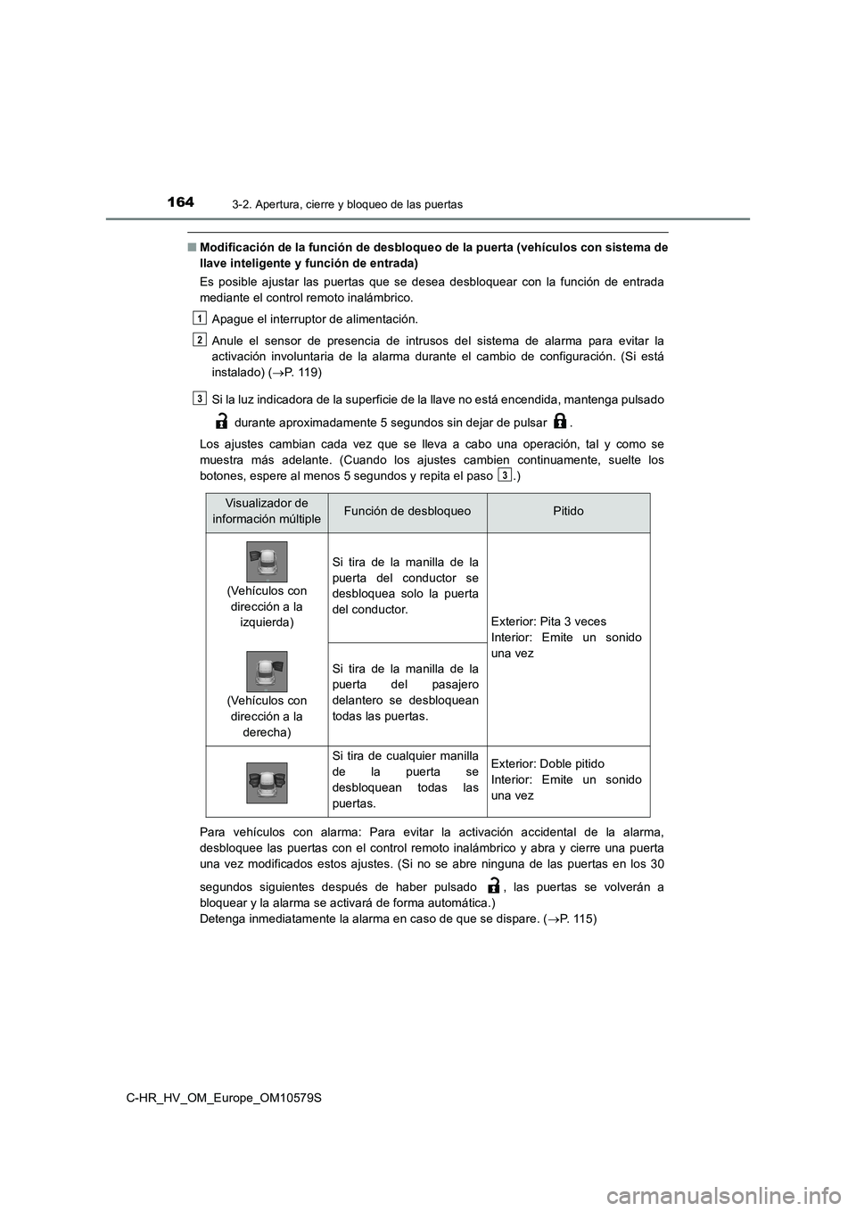 TOYOTA C-HR 2018  Manual del propietario (in Spanish) 1643-2. Apertura, cierre y bloqueo de las puertas
C-HR_HV_OM_Europe_OM10579S
■Modificación de la función de desbloqueo de la puerta (vehículos con sistema de 
llave inteligente y función de entr