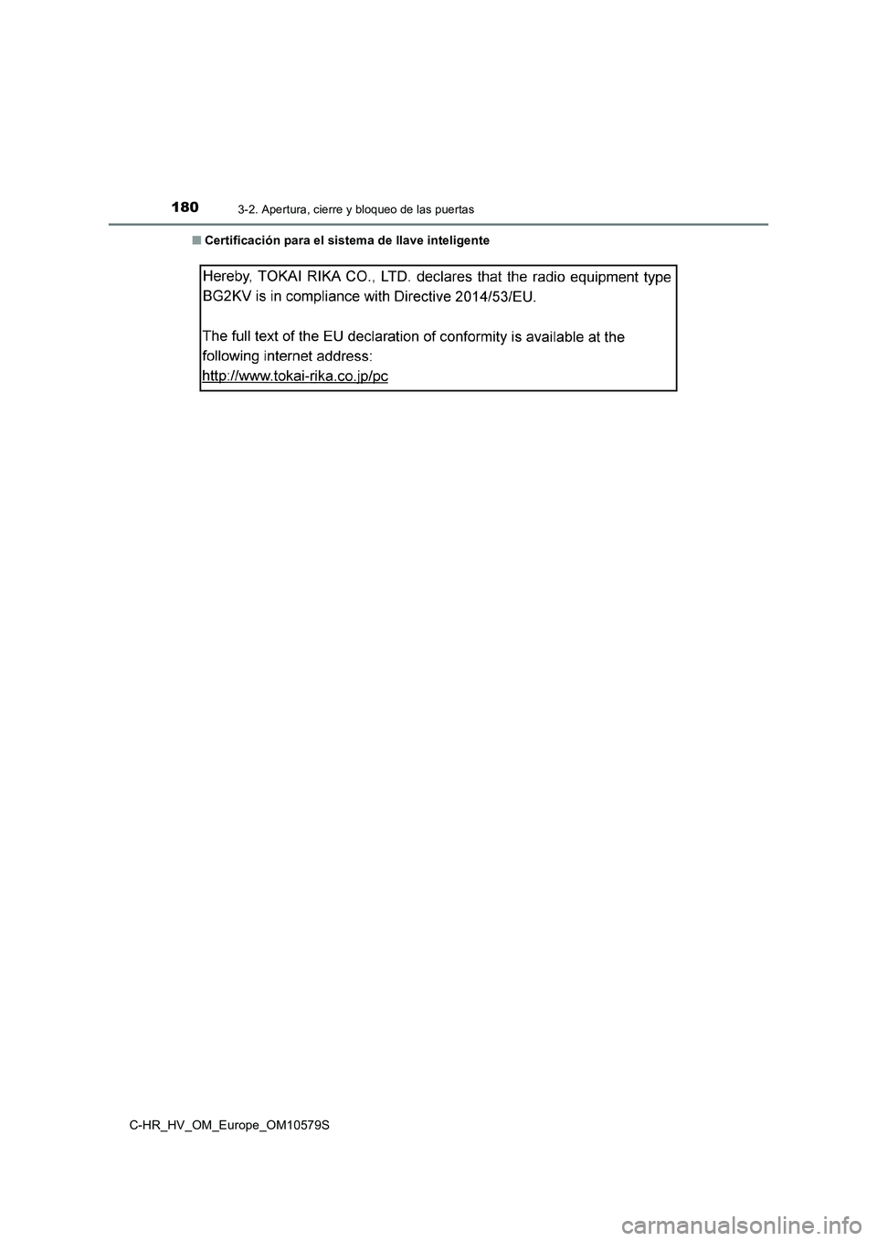 TOYOTA C-HR 2018 Manual del propietario (in Spanish) 1803-2. Apertura, cierre y bloqueo de las puertas
C-HR_HV_OM_Europe_OM10579S
■ Certificación para el sistema de llave inteligente TOYOTA C-HR 2018 Manual del propietario (in Spanish) 1803-2. Apertura, cierre y bloqueo de las puertas
C-HR_HV_OM_Europe_OM10579S
■ Certificación para el sistema de llave inteligente