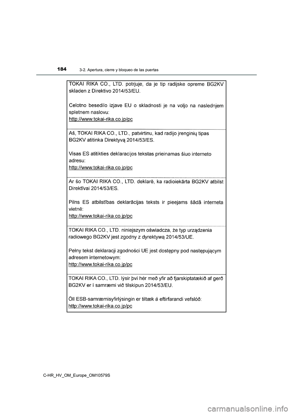 TOYOTA C-HR 2018 Manual del propietario (in Spanish) 1843-2. Apertura, cierre y bloqueo de las puertas
C-HR_HV_OM_Europe_OM10579S TOYOTA C-HR 2018 Manual del propietario (in Spanish) 1843-2. Apertura, cierre y bloqueo de las puertas
C-HR_HV_OM_Europe_OM10579S