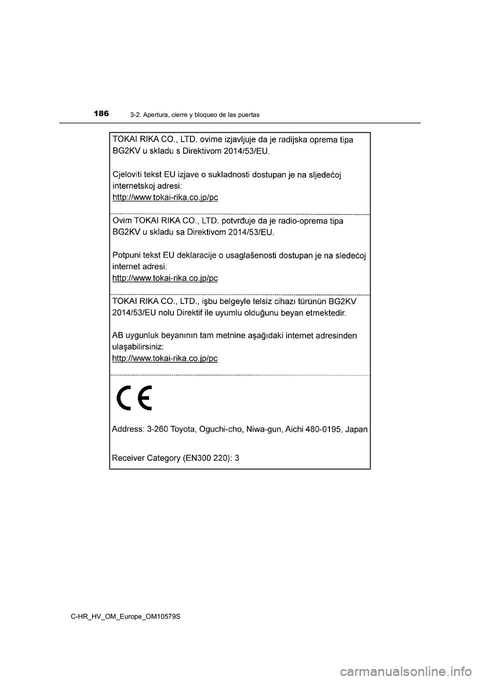 TOYOTA C-HR 2018 Manual del propietario (in Spanish) 1863-2. Apertura, cierre y bloqueo de las puertas
C-HR_HV_OM_Europe_OM10579S TOYOTA C-HR 2018 Manual del propietario (in Spanish) 1863-2. Apertura, cierre y bloqueo de las puertas
C-HR_HV_OM_Europe_OM10579S