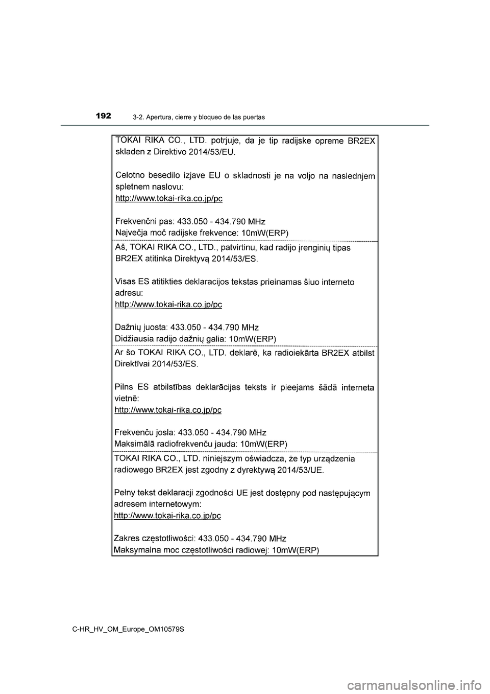 TOYOTA C-HR 2018 Manual del propietario (in Spanish) 1923-2. Apertura, cierre y bloqueo de las puertas
C-HR_HV_OM_Europe_OM10579S TOYOTA C-HR 2018 Manual del propietario (in Spanish) 1923-2. Apertura, cierre y bloqueo de las puertas
C-HR_HV_OM_Europe_OM10579S