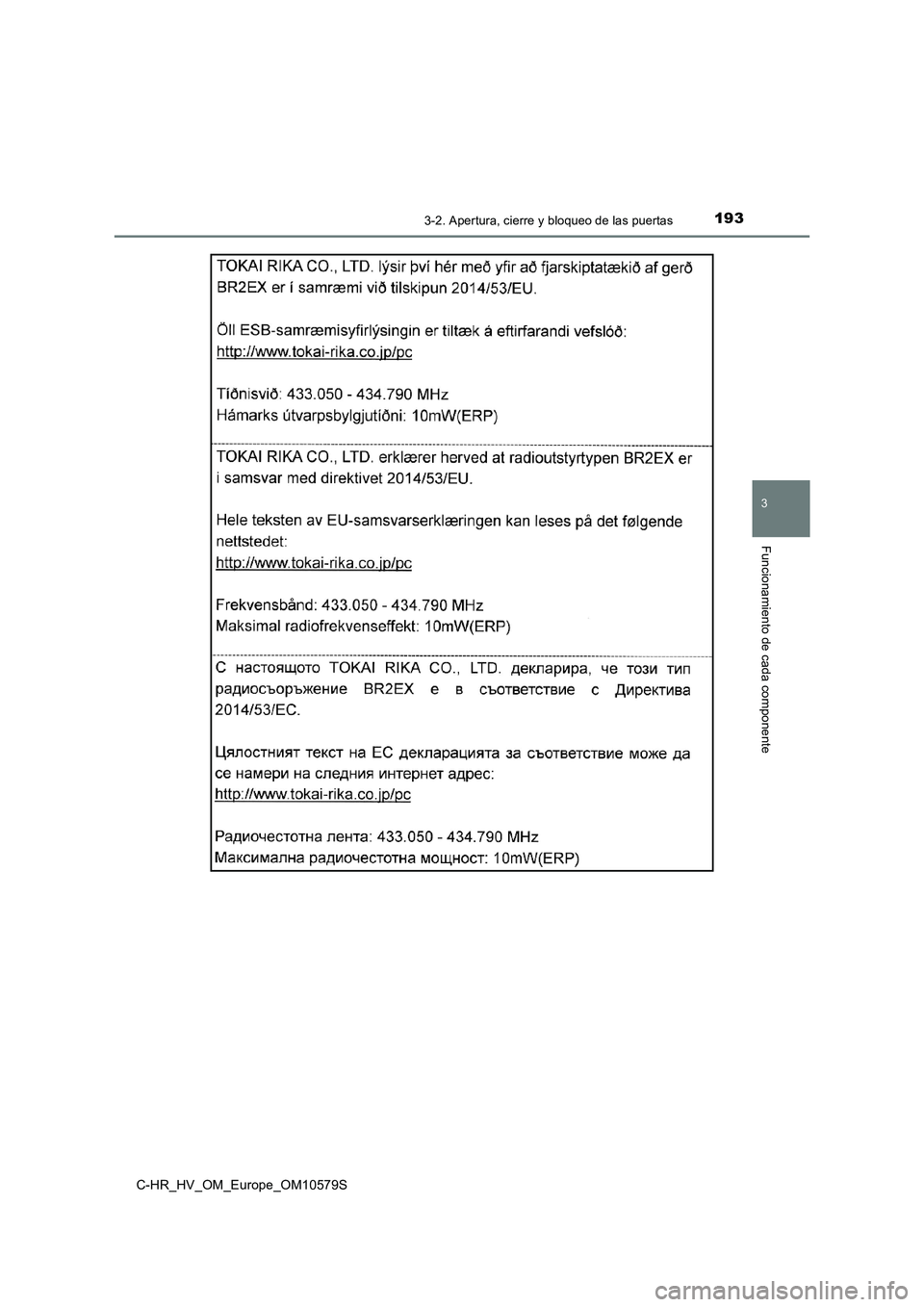 TOYOTA C-HR 2018 Manual del propietario (in Spanish) 1933-2. Apertura, cierre y bloqueo de las puertas
3
Funcionamiento de cada componente
C-HR_HV_OM_Europe_OM10579S TOYOTA C-HR 2018 Manual del propietario (in Spanish) 1933-2. Apertura, cierre y bloqueo de las puertas
3
Funcionamiento de cada componente
C-HR_HV_OM_Europe_OM10579S