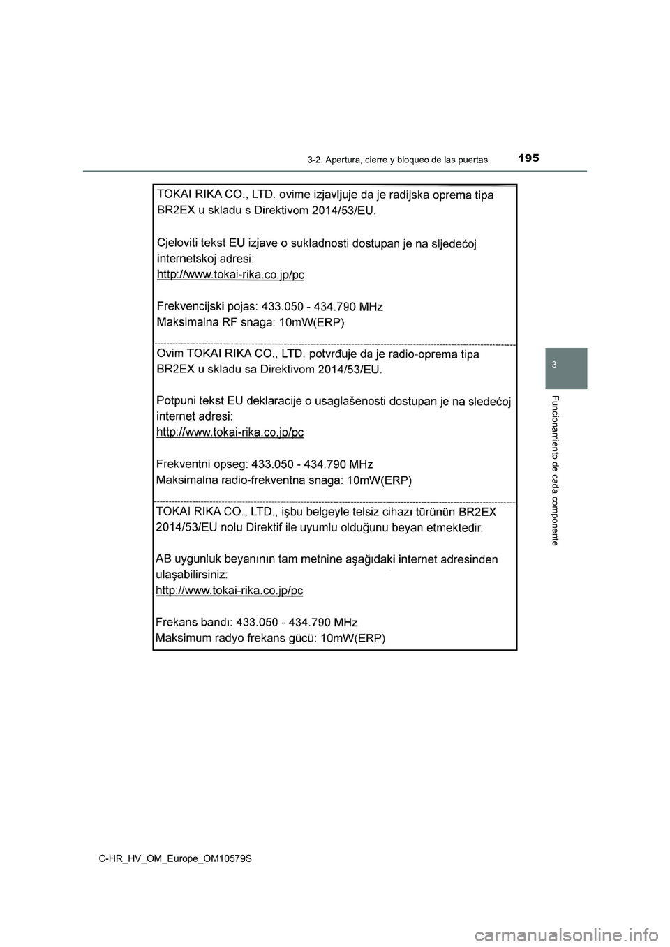 TOYOTA C-HR 2018 Manual del propietario (in Spanish) 1953-2. Apertura, cierre y bloqueo de las puertas
3
Funcionamiento de cada componente
C-HR_HV_OM_Europe_OM10579S TOYOTA C-HR 2018 Manual del propietario (in Spanish) 1953-2. Apertura, cierre y bloqueo de las puertas
3
Funcionamiento de cada componente
C-HR_HV_OM_Europe_OM10579S