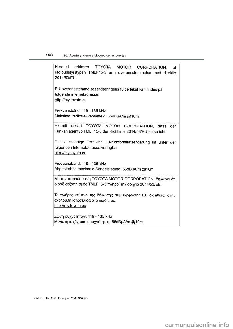 TOYOTA C-HR 2018 Manual del propietario (in Spanish) 1983-2. Apertura, cierre y bloqueo de las puertas
C-HR_HV_OM_Europe_OM10579S TOYOTA C-HR 2018 Manual del propietario (in Spanish) 1983-2. Apertura, cierre y bloqueo de las puertas
C-HR_HV_OM_Europe_OM10579S