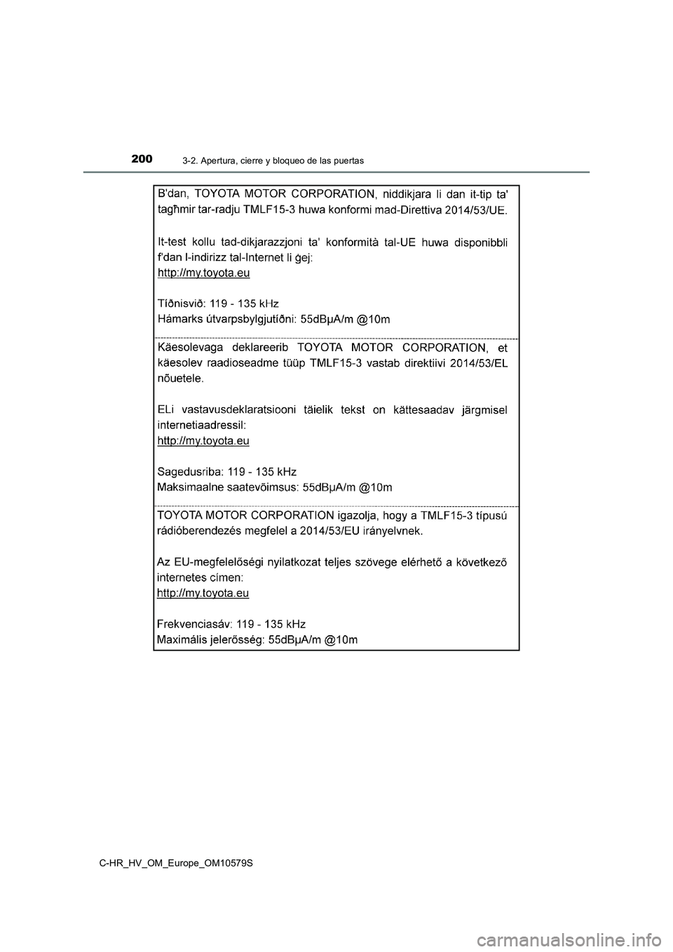 TOYOTA C-HR 2018 Manual del propietario (in Spanish) 2003-2. Apertura, cierre y bloqueo de las puertas
C-HR_HV_OM_Europe_OM10579S TOYOTA C-HR 2018 Manual del propietario (in Spanish) 2003-2. Apertura, cierre y bloqueo de las puertas
C-HR_HV_OM_Europe_OM10579S