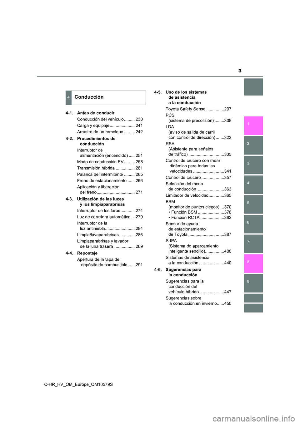 TOYOTA C-HR 2018  Manual del propietario (in Spanish) 3
1 
6 
5
4
3
2
C-HR_HV_OM_Europe_OM10579S
9
8
7
4-1. Antes de conducir 
Conducción del vehículo ......... 230 
Carga y equipaje ..................... 241
Arrastre de un remolque ......... 242 
4-2.