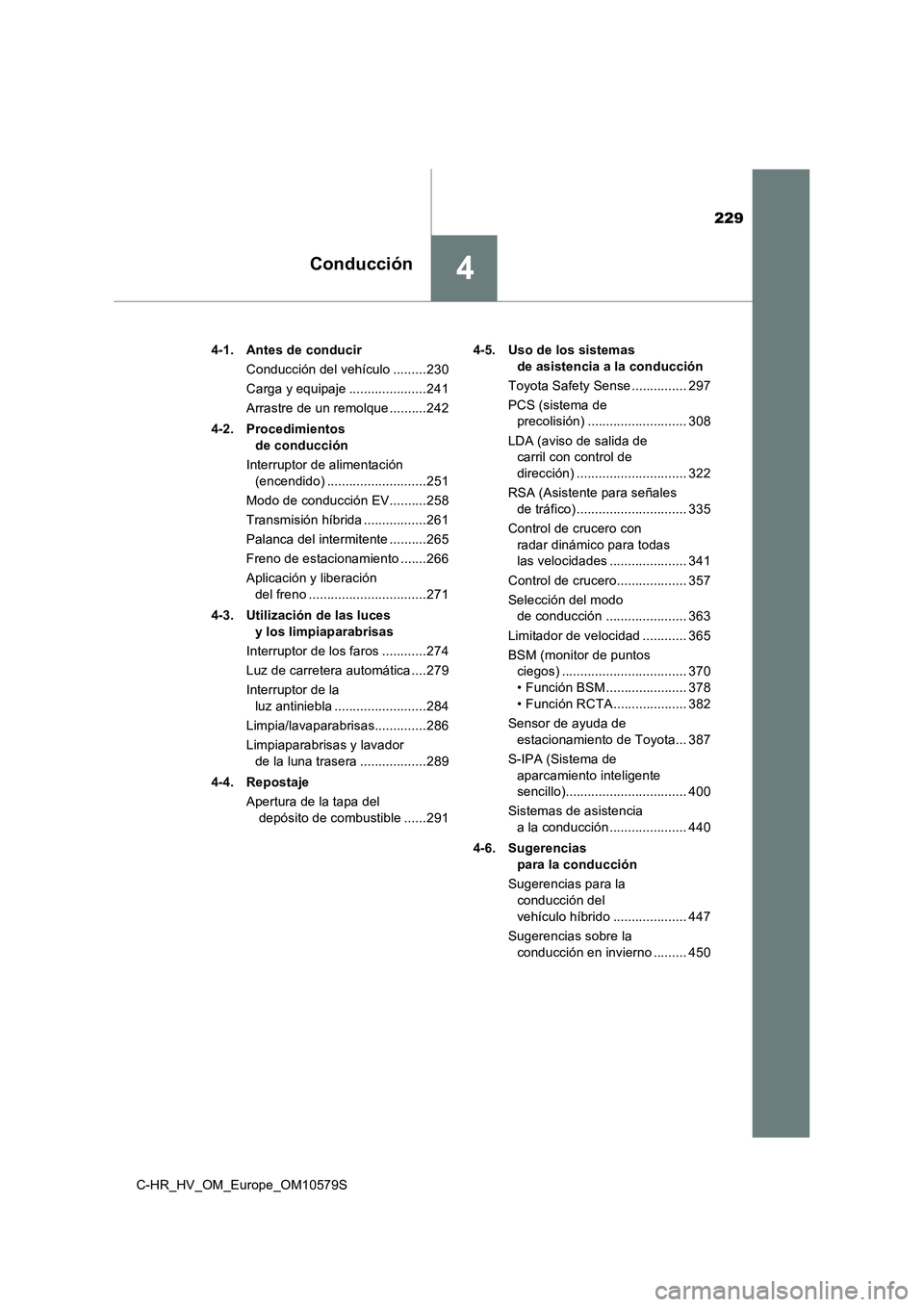 TOYOTA C-HR 2018 Manual del propietario (in Spanish) 229
4Conducción
C-HR_HV_OM_Europe_OM10579S
4-1. Antes de conducir
Conducción del vehículo .........230
Carga y equipaje .....................241
Arrastre de un remolque ..........242
4-2. Proce TOYOTA C-HR 2018 Manual del propietario (in Spanish) 229
4Conducción
C-HR_HV_OM_Europe_OM10579S
4-1. Antes de conducir
Conducción del vehículo .........230
Carga y equipaje .....................241
Arrastre de un remolque ..........242
4-2. Proce