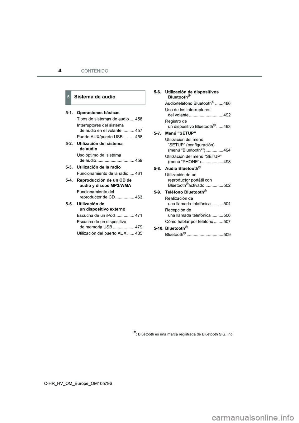 TOYOTA C-HR 2018  Manual del propietario (in Spanish) CONTENIDO4
C-HR_HV_OM_Europe_OM10579S 
5-1. Operaciones básicas 
Tipos de sistemas de audio .... 456 
Interruptores del sistema  
de audio en el volante .......... 457 
Puerto AUX/puerto USB ........