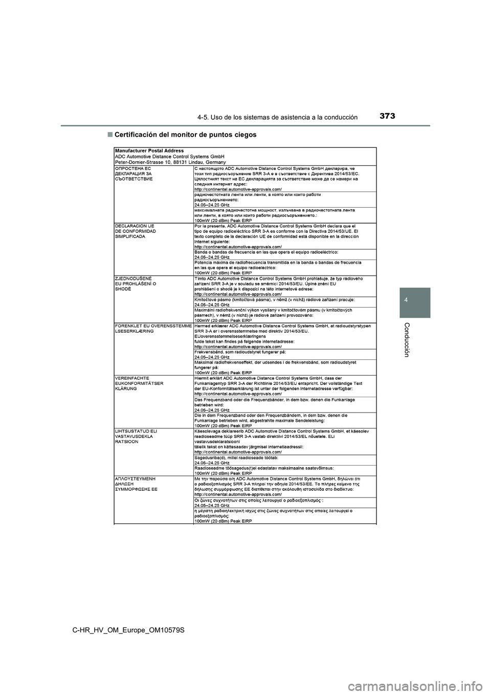TOYOTA C-HR 2018 Manual del propietario (in Spanish) 3734-5. Uso de los sistemas de asistencia a la conducción
4
Conducción
C-HR_HV_OM_Europe_OM10579S
■ Certificación del monitor de puntos ciegos TOYOTA C-HR 2018 Manual del propietario (in Spanish) 3734-5. Uso de los sistemas de asistencia a la conducción
4
Conducción
C-HR_HV_OM_Europe_OM10579S
■ Certificación del monitor de puntos ciegos
