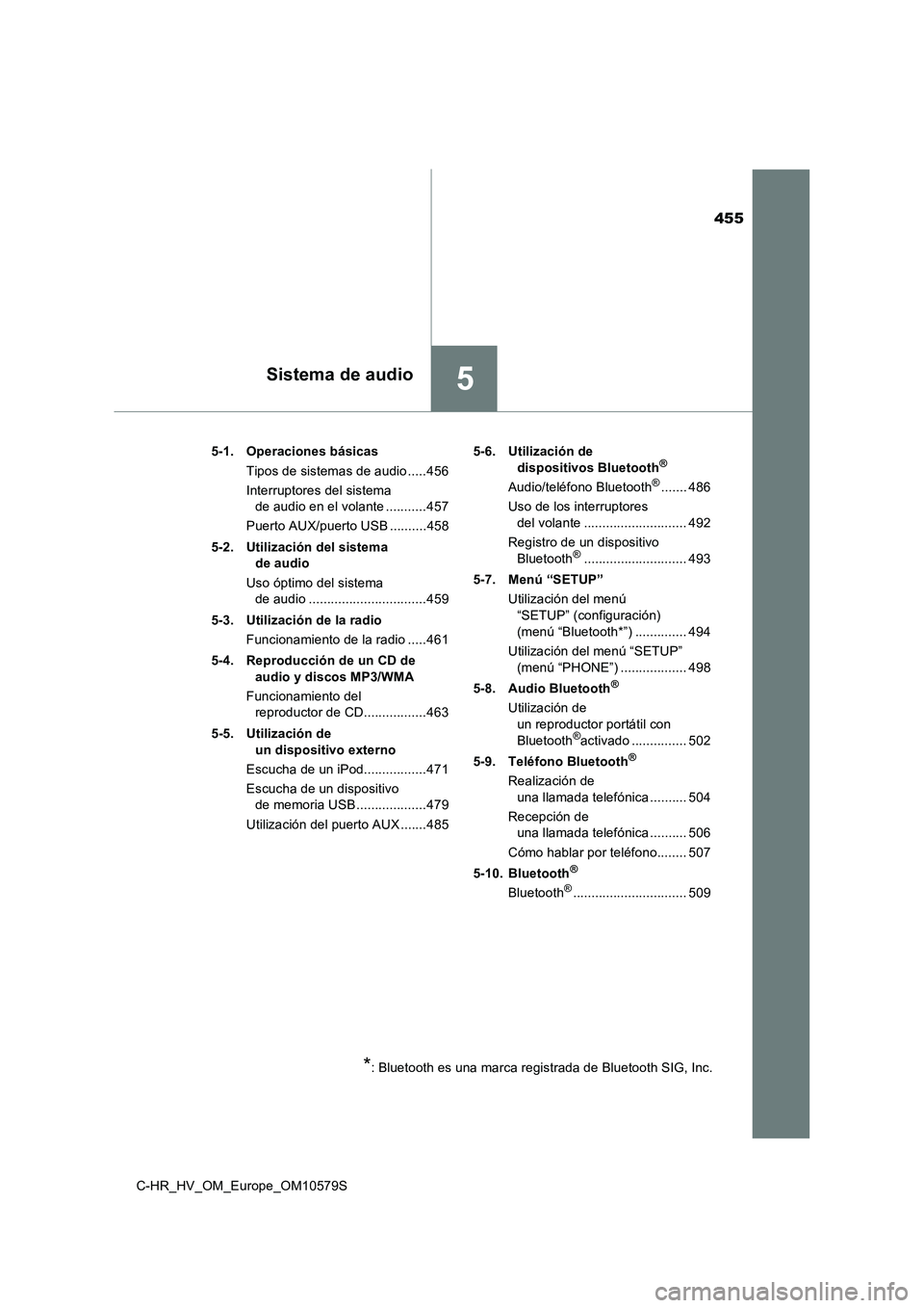 TOYOTA C-HR 2018  Manual del propietario (in Spanish) 455
5Sistema de audio
C-HR_HV_OM_Europe_OM10579S 
5-1. Operaciones básicas 
Tipos de sistemas de audio .....456 
Interruptores del sistema  
de audio en el volante ...........457 
Puerto AUX/puerto U