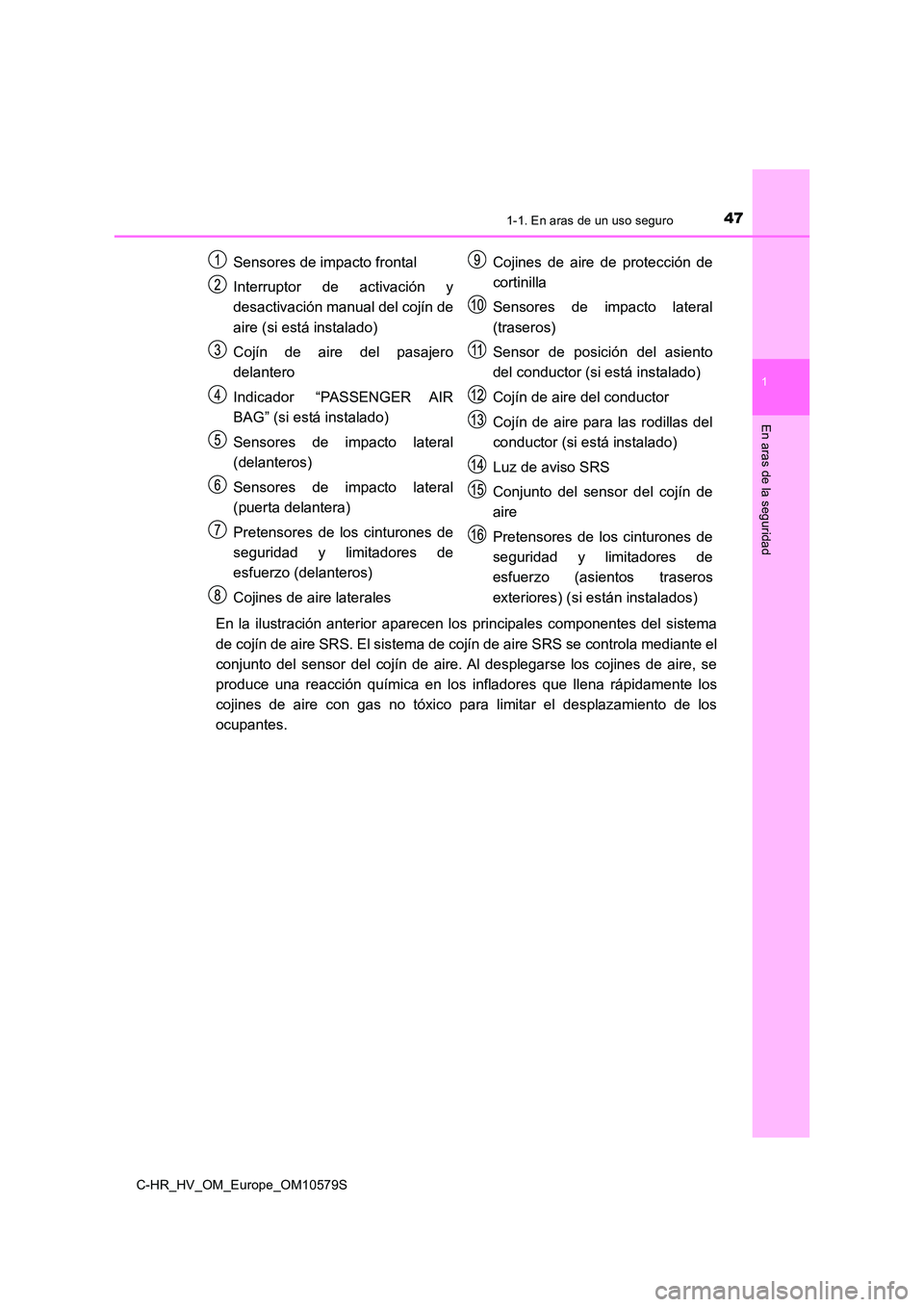 TOYOTA C-HR 2018 Manual del propietario (in Spanish) 471-1. En aras de un uso seguro
1
En aras de la seguridad
C-HR_HV_OM_Europe_OM10579S
En la ilustración anterior aparecen los principales componentes del sistema
de cojín de aire SRS. El sistema de TOYOTA C-HR 2018 Manual del propietario (in Spanish) 471-1. En aras de un uso seguro
1
En aras de la seguridad
C-HR_HV_OM_Europe_OM10579S
En la ilustración anterior aparecen los principales componentes del sistema
de cojín de aire SRS. El sistema de