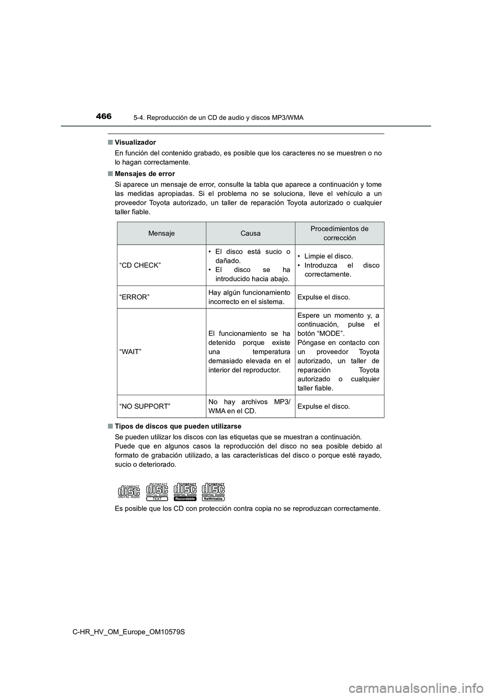 TOYOTA C-HR 2018 Manual del propietario (in Spanish) 4665-4. Reproducción de un CD de audio y discos MP3/WMA
C-HR_HV_OM_Europe_OM10579S
■Visualizador
En función del contenido grabado, es posible que los caracteres no se muestren o no
lo hagan corr TOYOTA C-HR 2018 Manual del propietario (in Spanish) 4665-4. Reproducción de un CD de audio y discos MP3/WMA
C-HR_HV_OM_Europe_OM10579S
■Visualizador
En función del contenido grabado, es posible que los caracteres no se muestren o no
lo hagan corr
