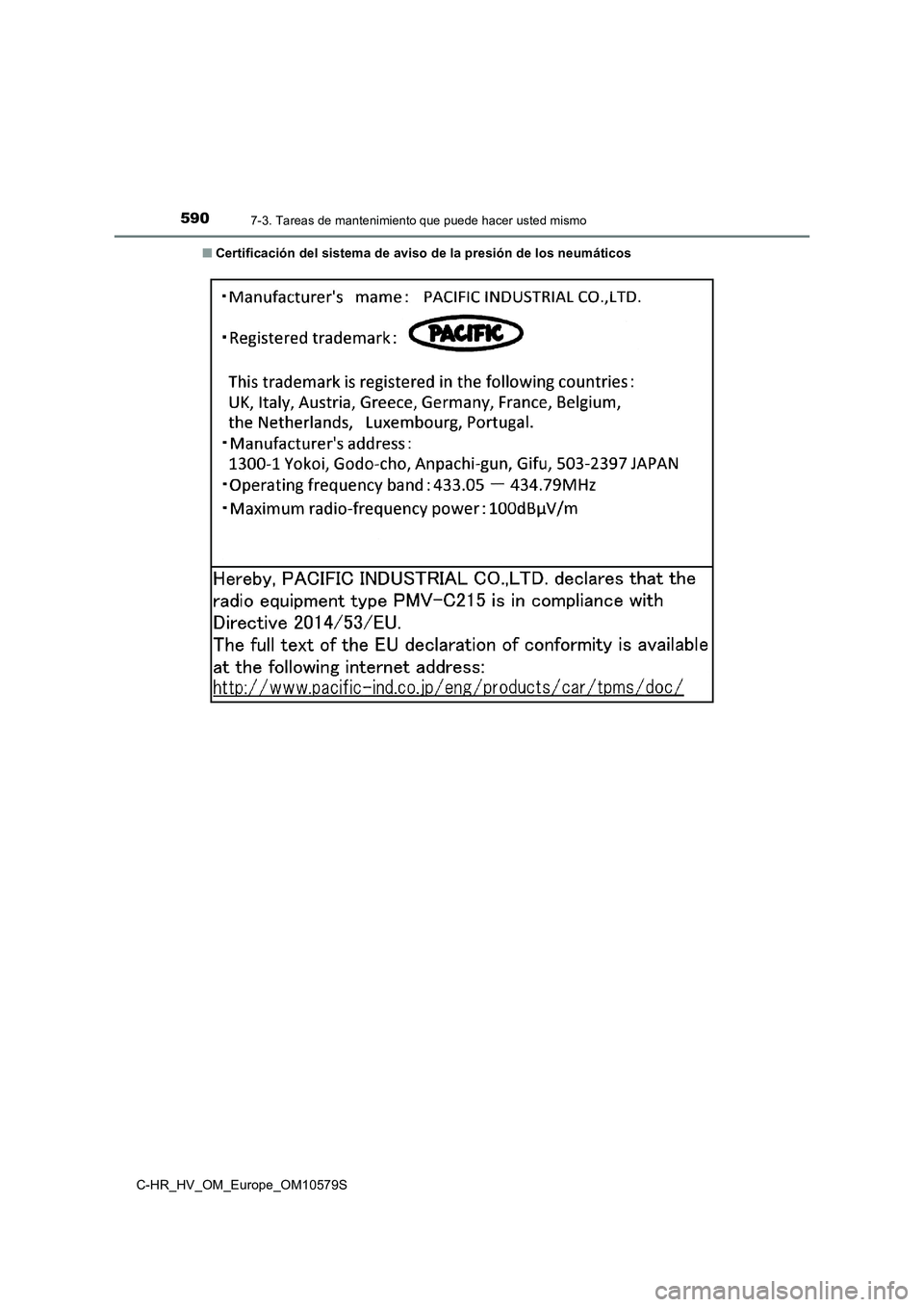 TOYOTA C-HR 2018 Manual del propietario (in Spanish) 5907-3. Tareas de mantenimiento que puede hacer usted mismo
C-HR_HV_OM_Europe_OM10579S
■ Certificación del sistema de aviso de la presión de los neumáticos TOYOTA C-HR 2018 Manual del propietario (in Spanish) 5907-3. Tareas de mantenimiento que puede hacer usted mismo
C-HR_HV_OM_Europe_OM10579S
■ Certificación del sistema de aviso de la presión de los neumáticos