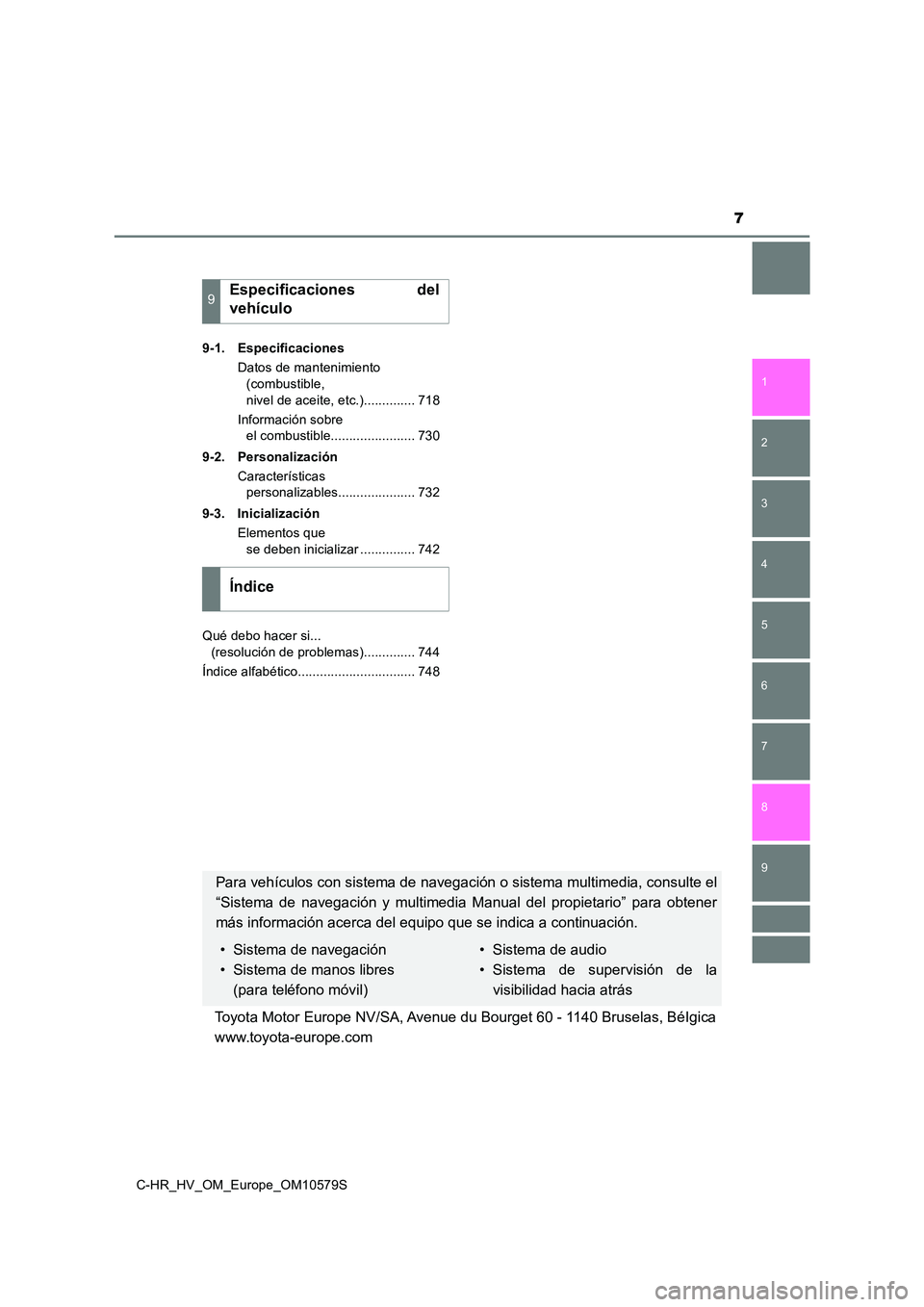 TOYOTA C-HR 2018  Manual del propietario (in Spanish) 7
1 
6 
5
4
3
2
C-HR_HV_OM_Europe_OM10579S
9
8
7
9-1. Especificaciones 
Datos de mantenimiento  
(combustible,  
nivel de aceite, etc.).............. 718 
Información sobre  
el combustible..........