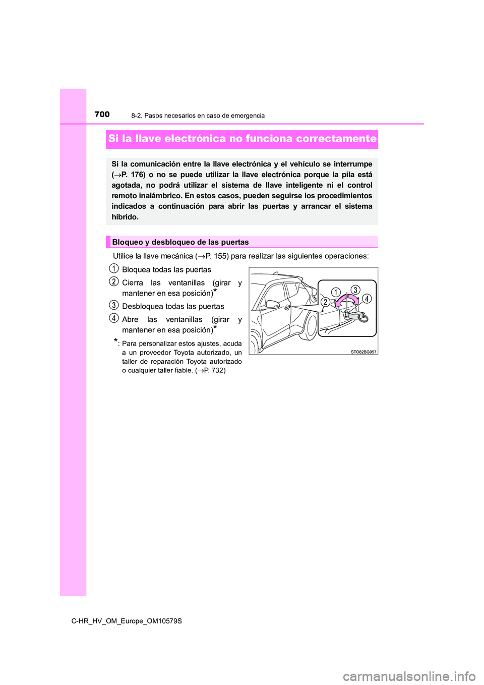 TOYOTA C-HR 2018  Manual del propietario (in Spanish) 7008-2. Pasos necesarios en caso de emergencia
C-HR_HV_OM_Europe_OM10579S
Si la llave electrónica no funciona correctamente
Utilice la llave mecánica (P. 155) para realizar las siguientes operaci
