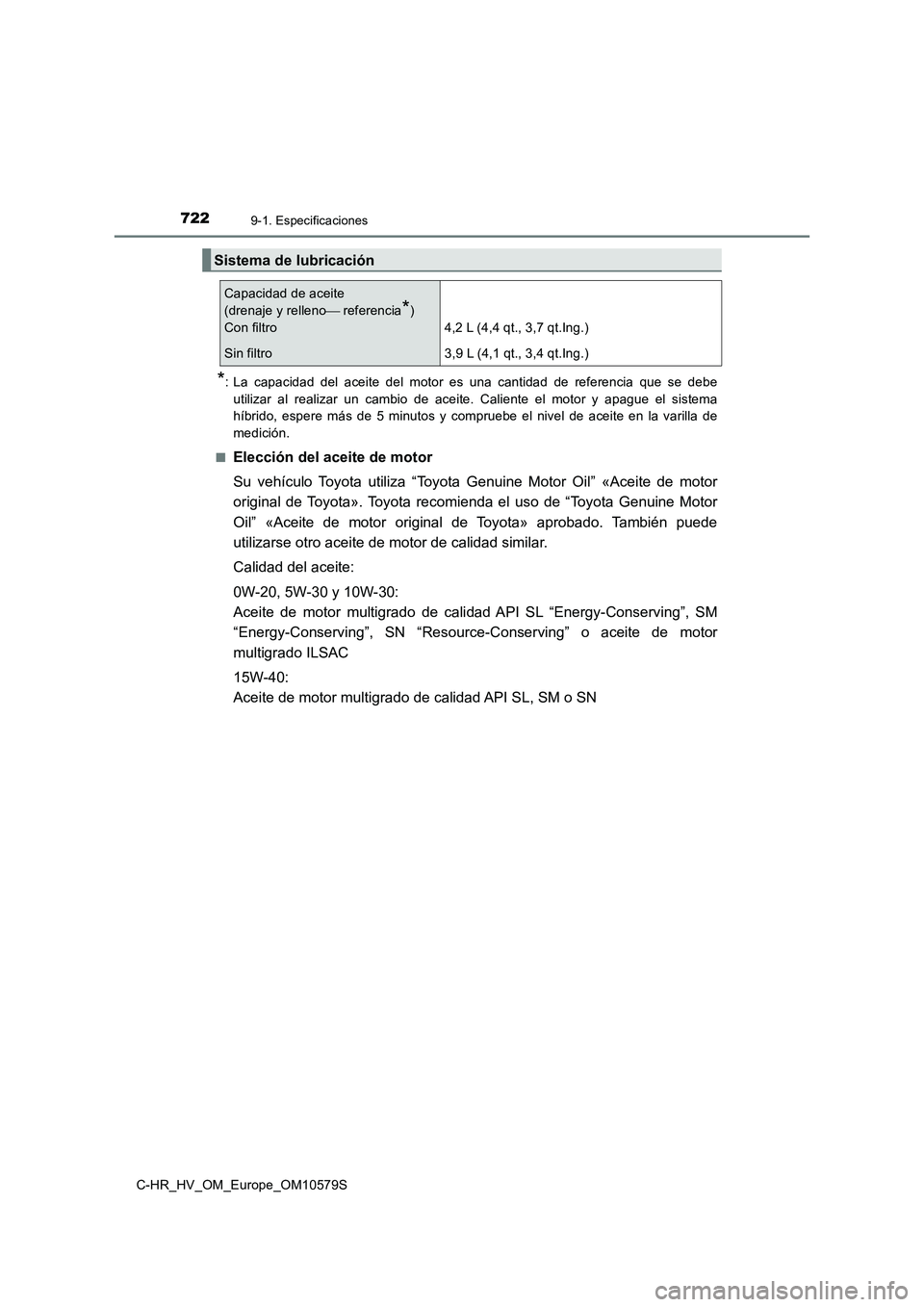 TOYOTA C-HR 2018  Manual del propietario (in Spanish) 7229-1. Especificaciones
C-HR_HV_OM_Europe_OM10579S
*: La capacidad del aceite del motor es una cantidad de referencia que se debe 
utilizar al realizar un cambio de aceite. Caliente el motor y apague